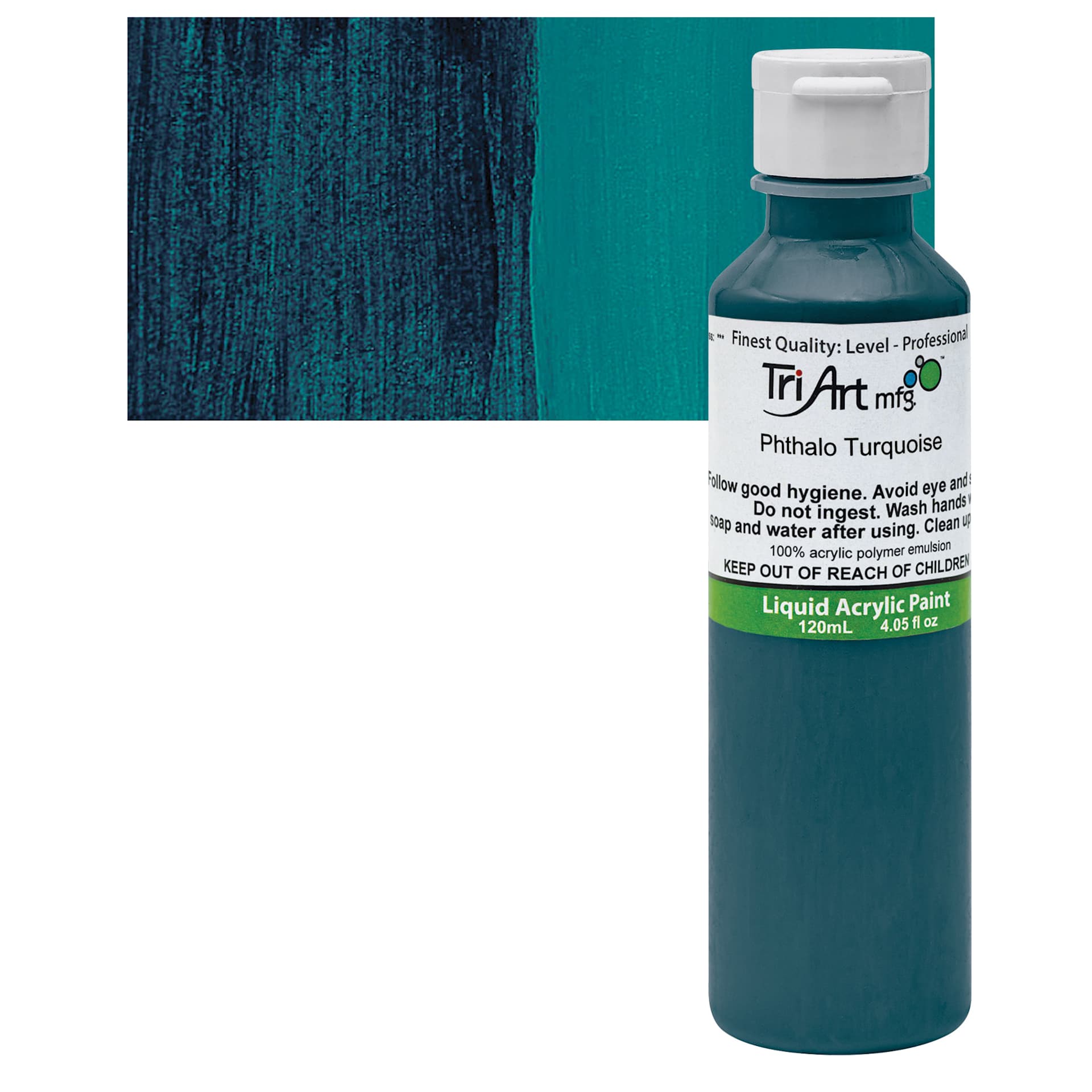 Tri-Art Liquid Artist Acrylic - Phthalo Turquoise, 120 ml bottle and swatch