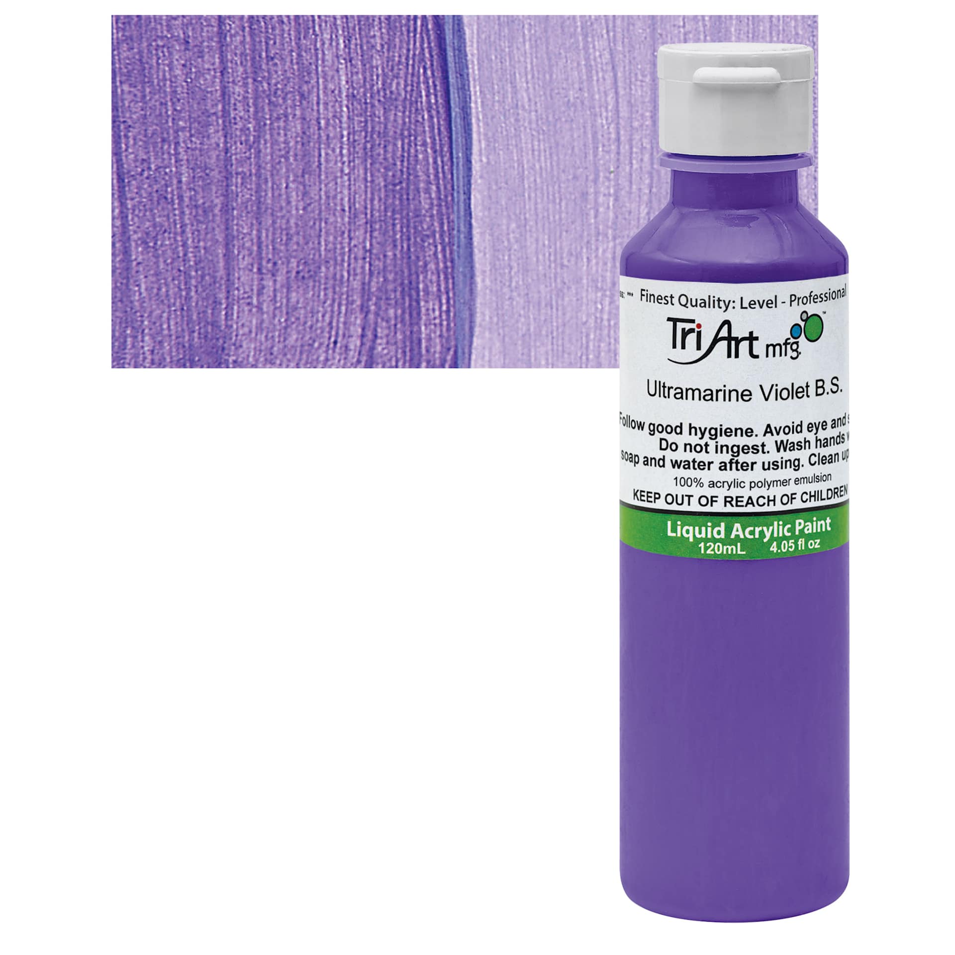 Tri-Art Liquid Artist Acrylic - Ultramarine Violet Blue Shade, 120 ml bottle and swatch
