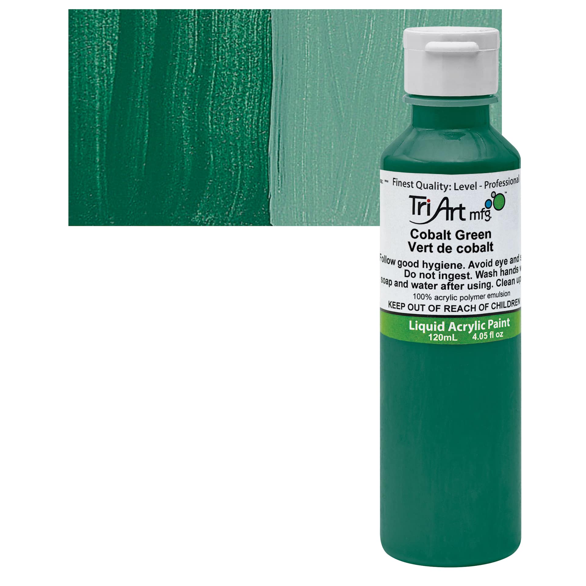Tri-Art Liquid Artist Acrylic - Cobalt Green, 120 ml bottle and swatch