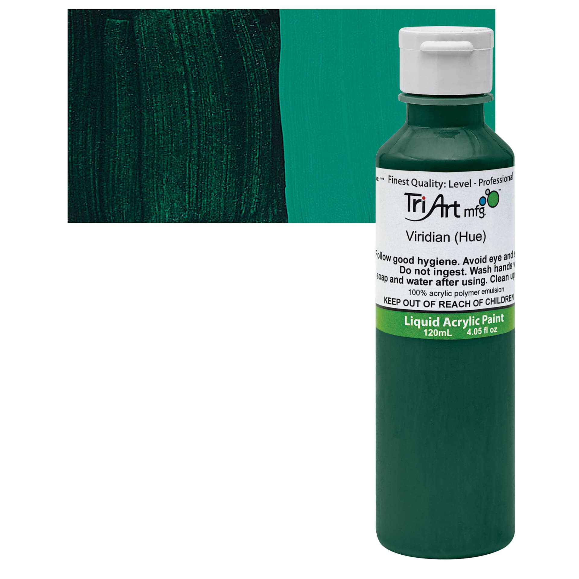Tri-Art Liquid Artist Acrylic - Viridian Hue, 120 ml bottle and swatch
