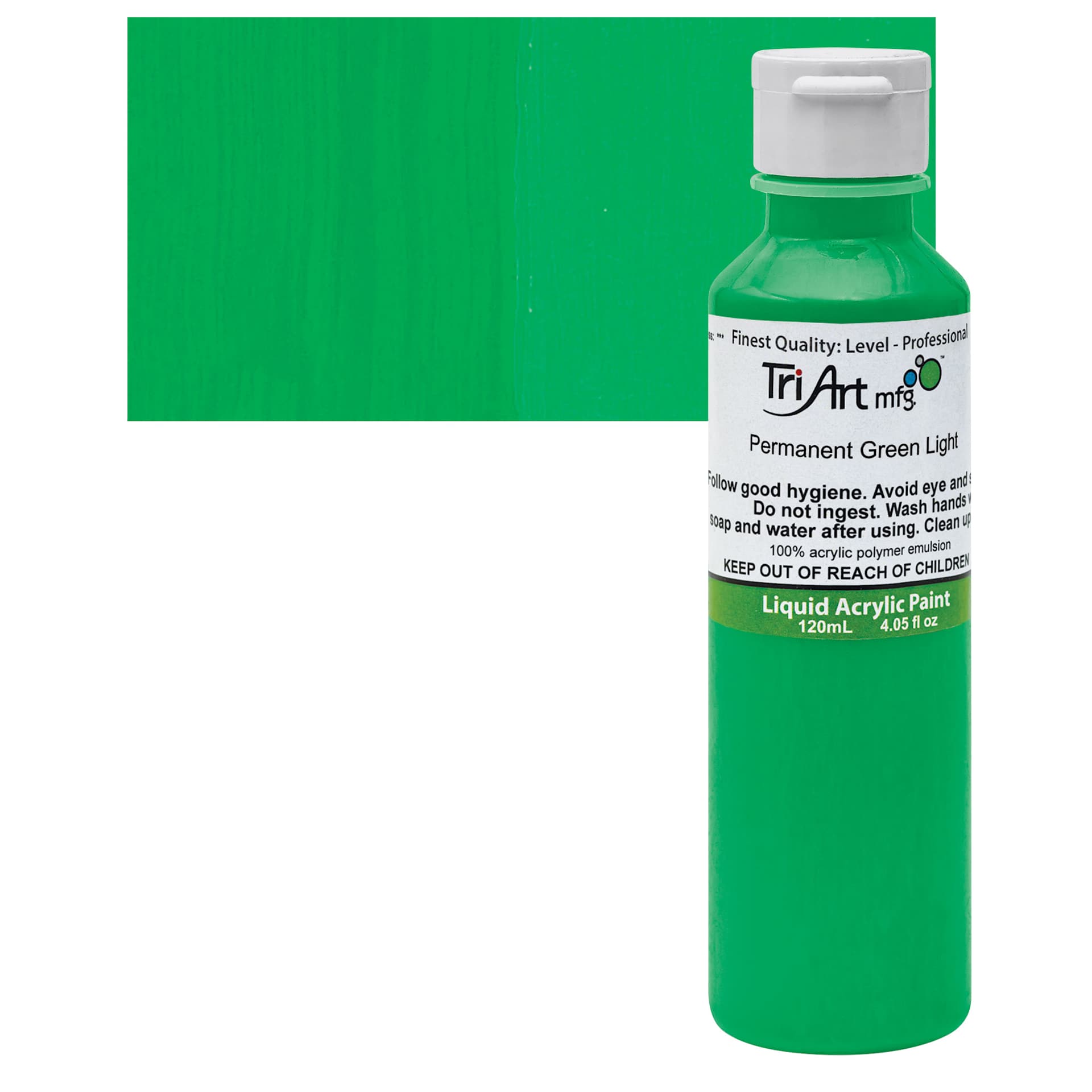 Tri-Art Liquid Artist Acrylic - Permanent Green Light, 120 ml bottle and swatch