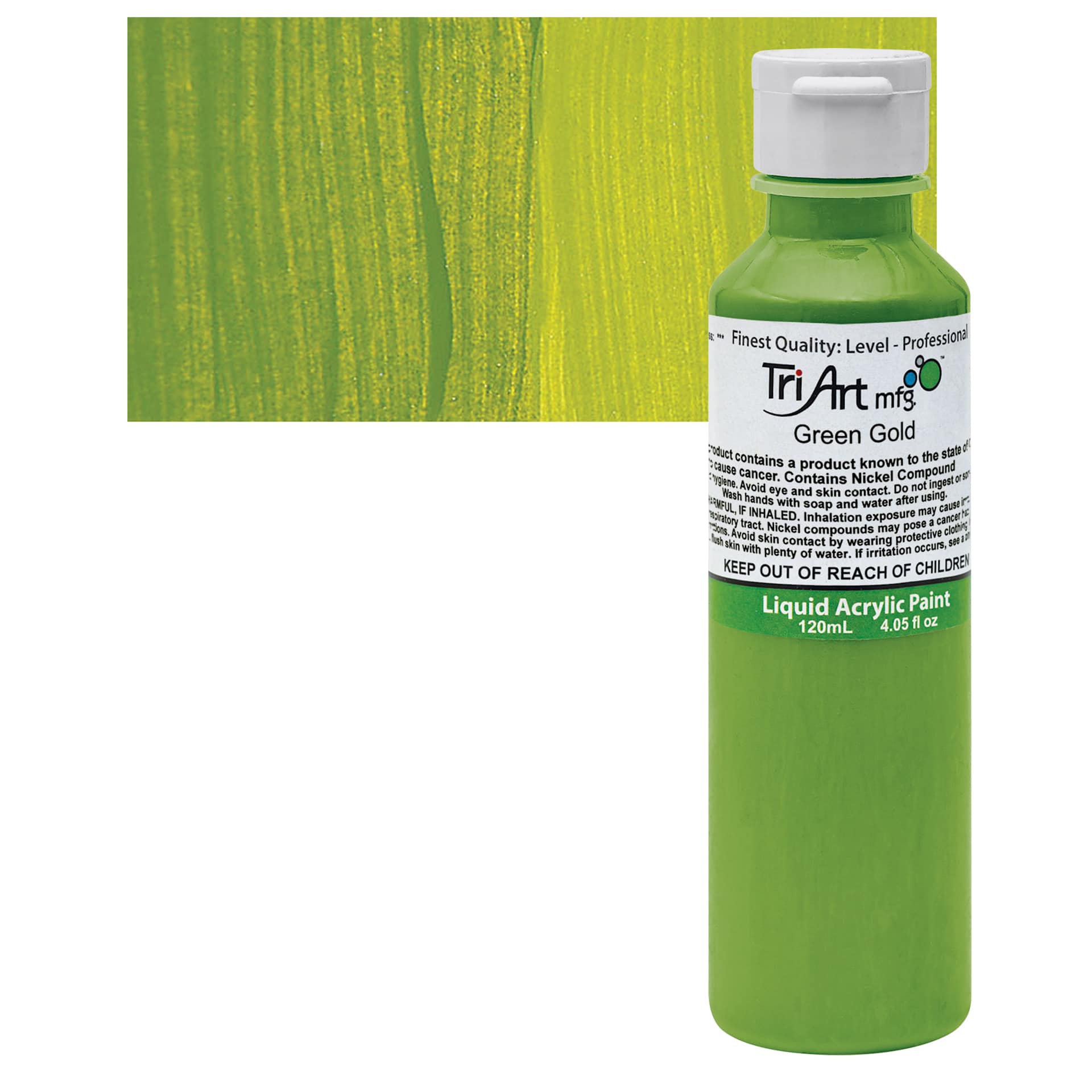 Tri-Art Liquid Artist Acrylic - Green Gold, 120 ml bottle and swatch