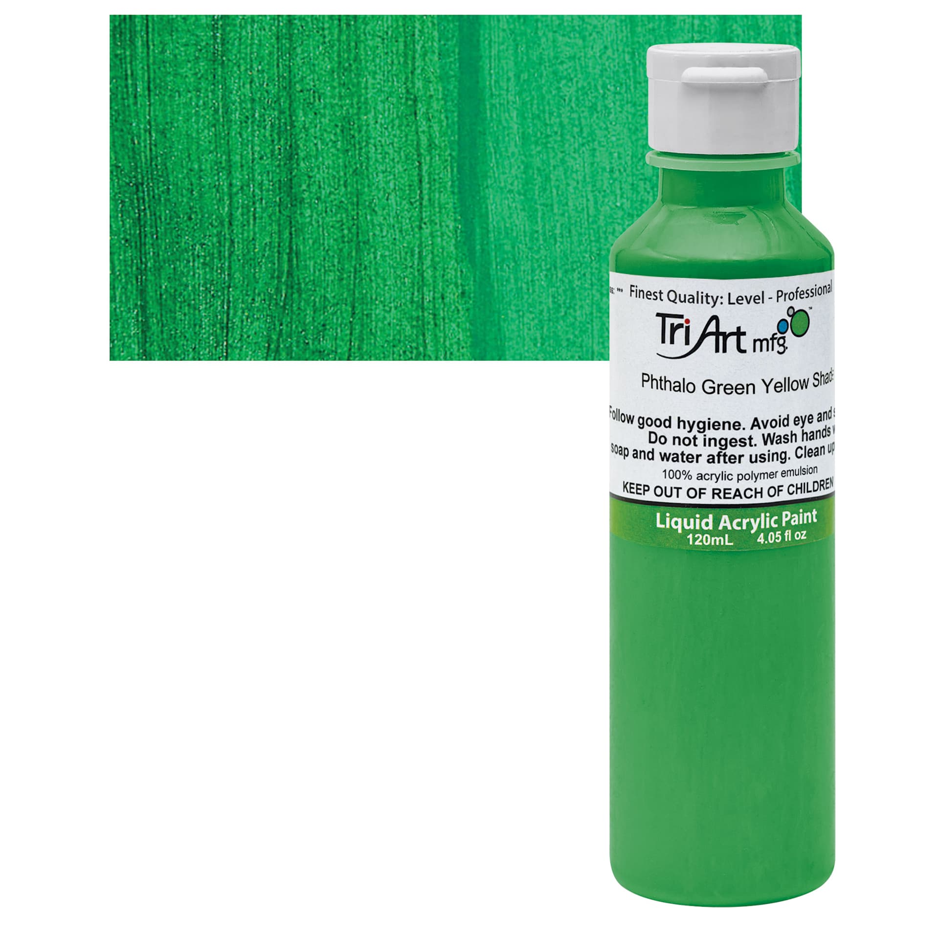 Tri-Art Liquid Artist Acrylic - Phthalo Green Yellow Shade, 120 ml bottle and swatch