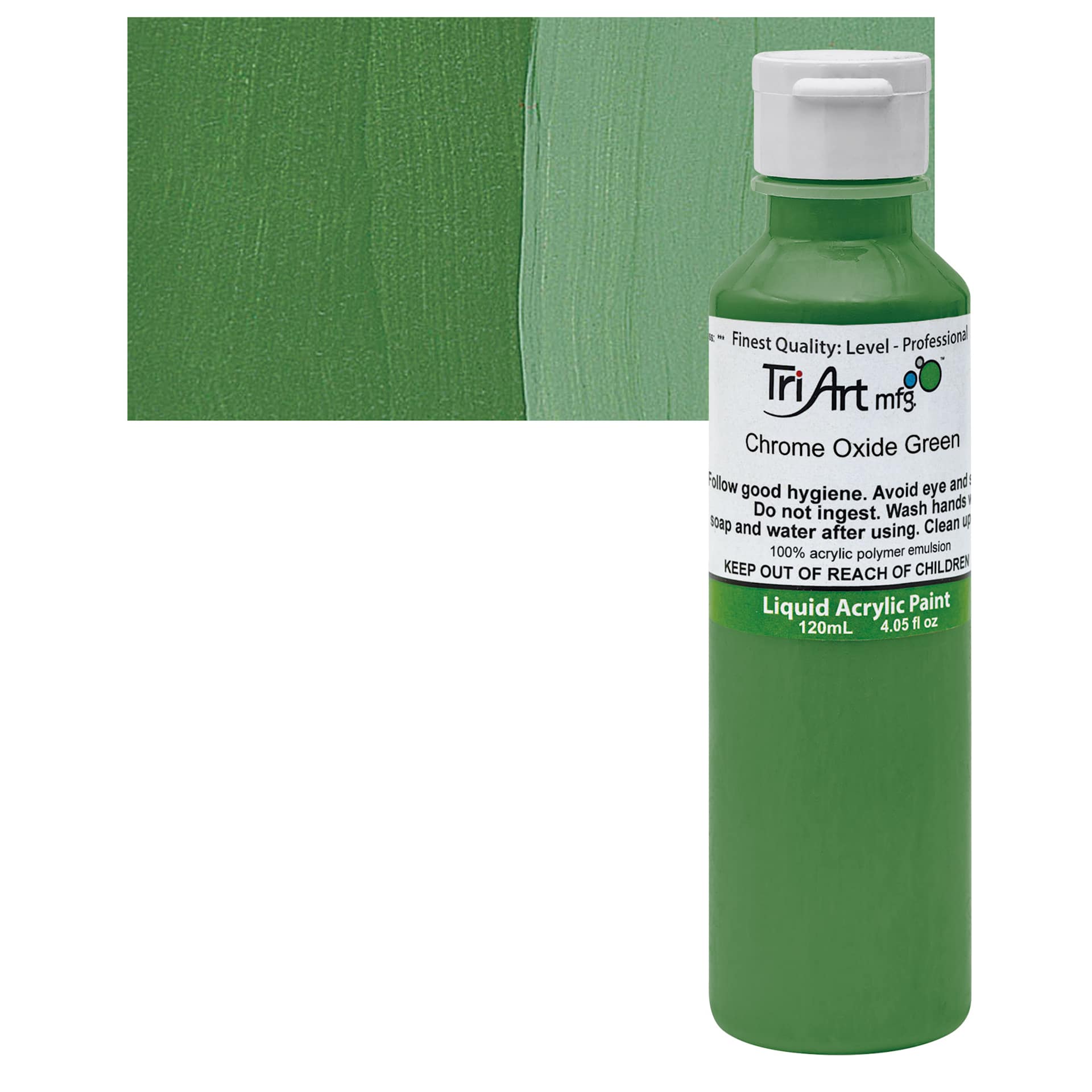 Tri-Art Liquid Artist Acrylic - Chromium Oxide Green, 120 ml bottle and swatch