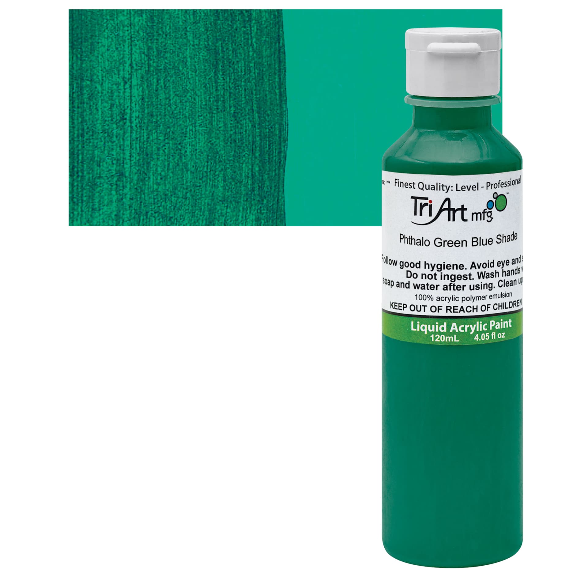Tri-Art Liquid Artist Acrylic - Phthalo Green, 120 ml bottle and swatch