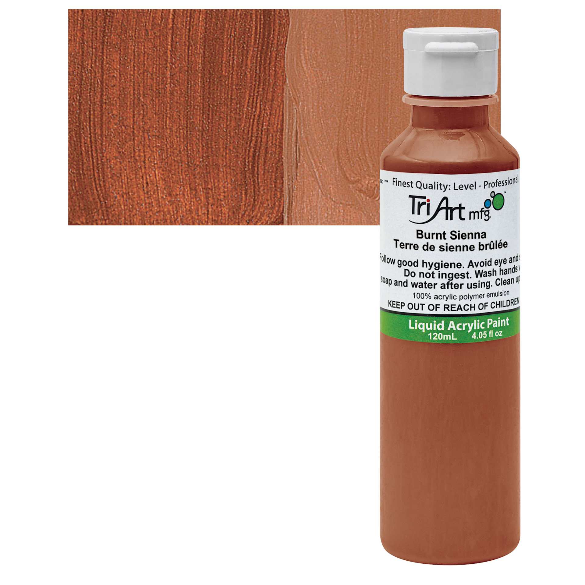 Tri-Art Liquid Artist Acrylic - Burnt Sienna, 120 ml bottle and swatch