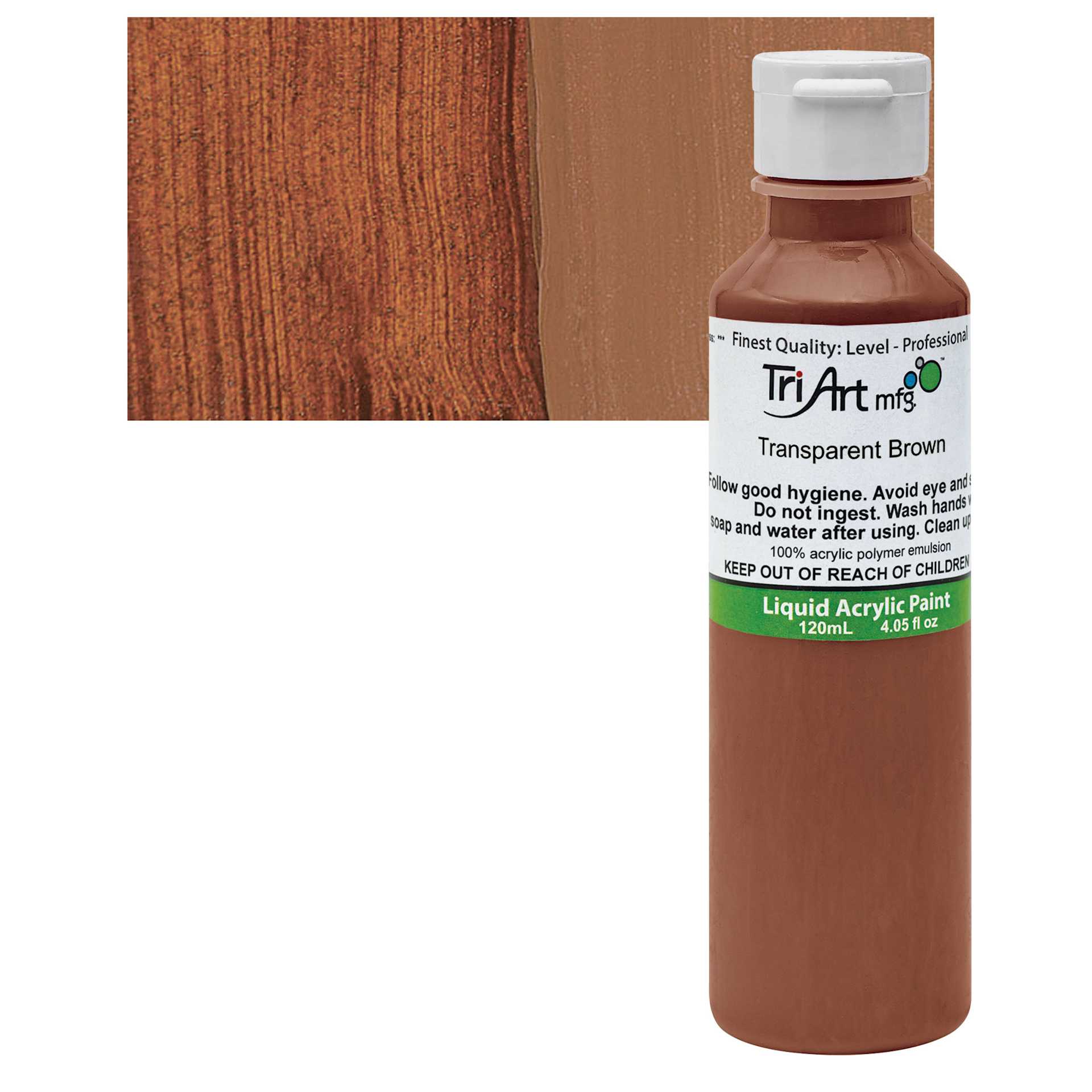 Tri-Art Liquid Artist Acrylic - Transparent Brown, 120 ml bottle and swatch
