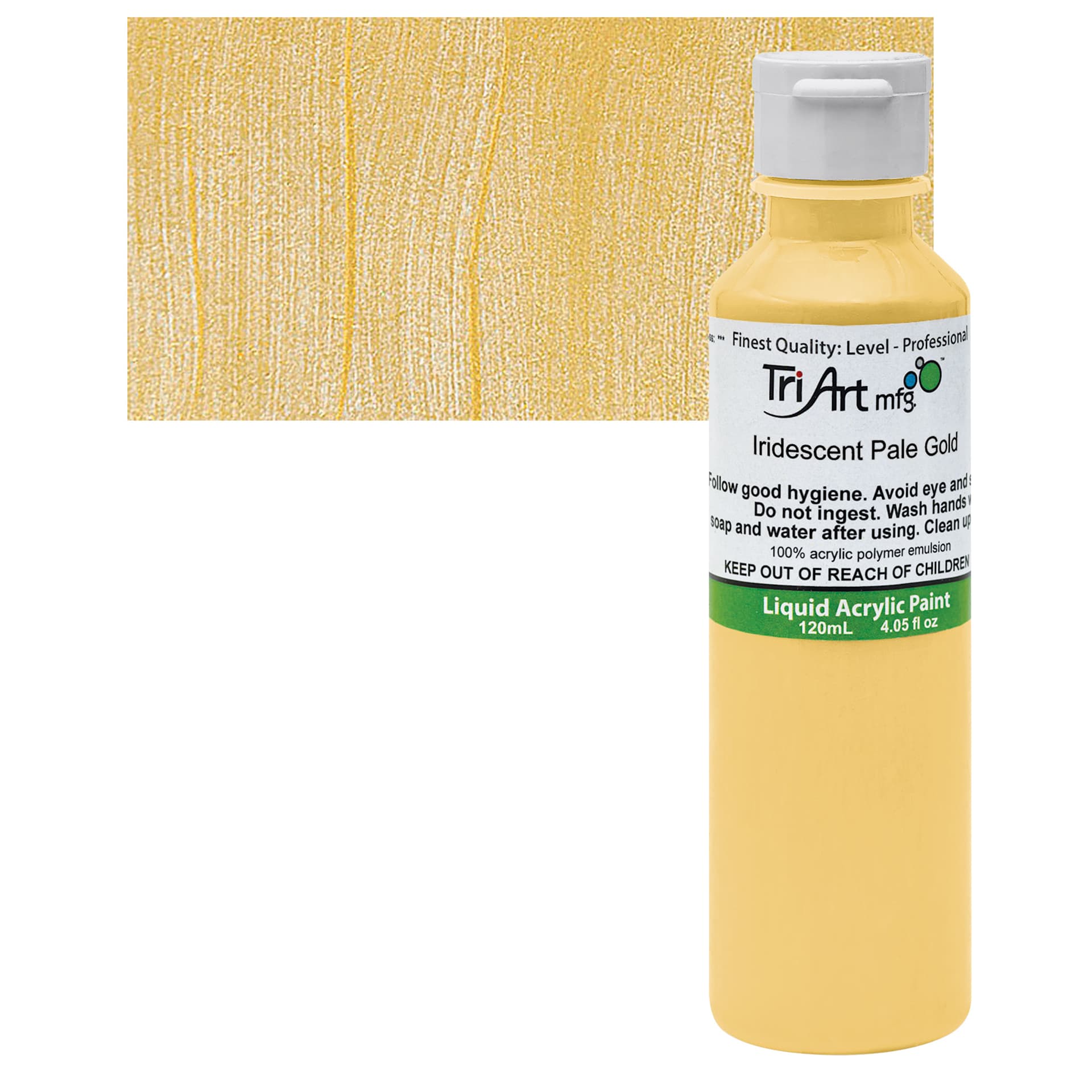 Tri-Art Liquid Artist Acrylic - Iridescent Pale Gold, 120 ml bottle and swatch