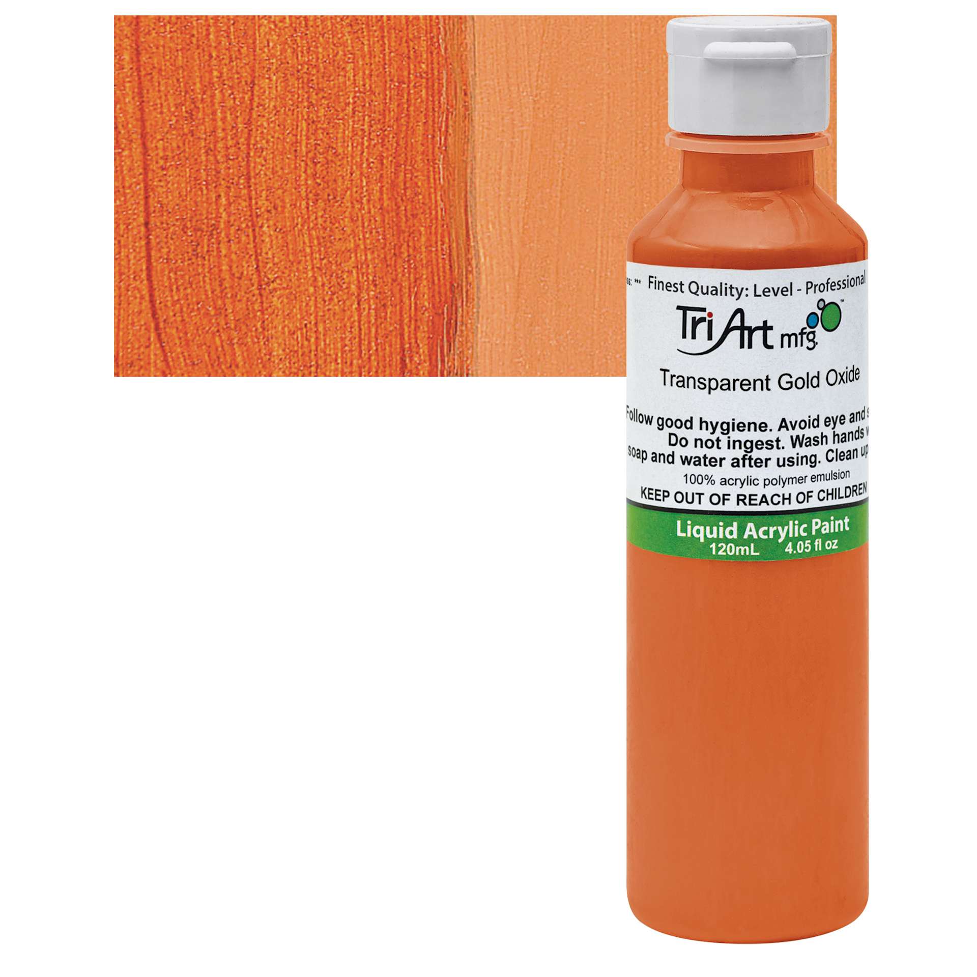 Tri-Art Liquid Artist Acrylic - Transparent Gold Oxide, 120 ml bottle and swatch