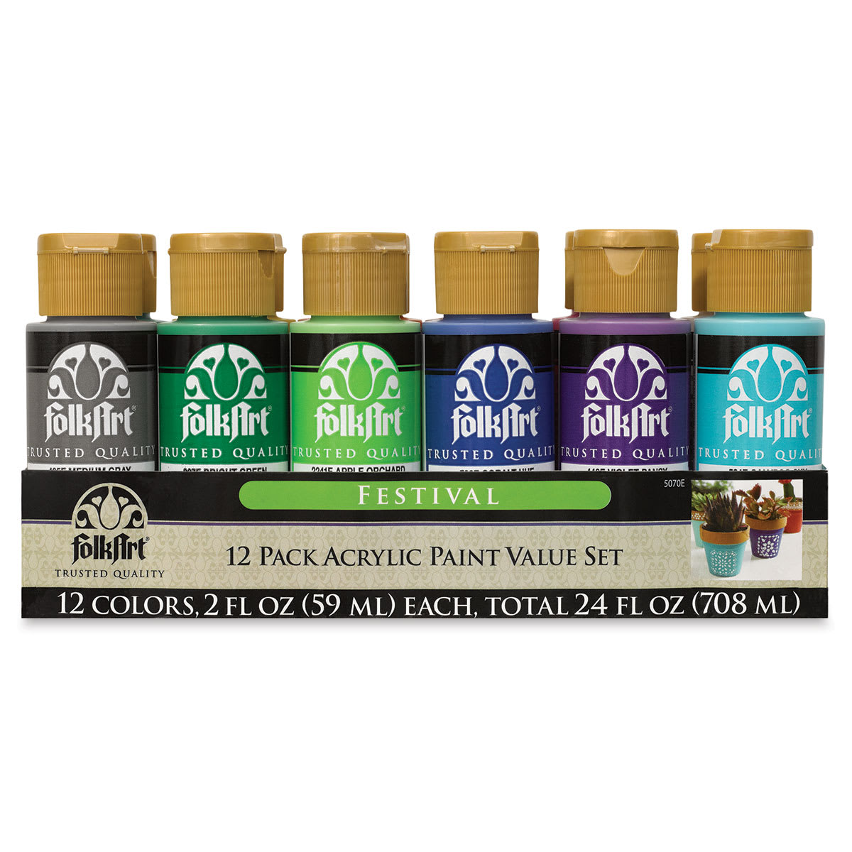 FolkArt Matte Acrylic Paint - Set of 12, Festival Colors, 2 oz, Bottles (Front of packaging)