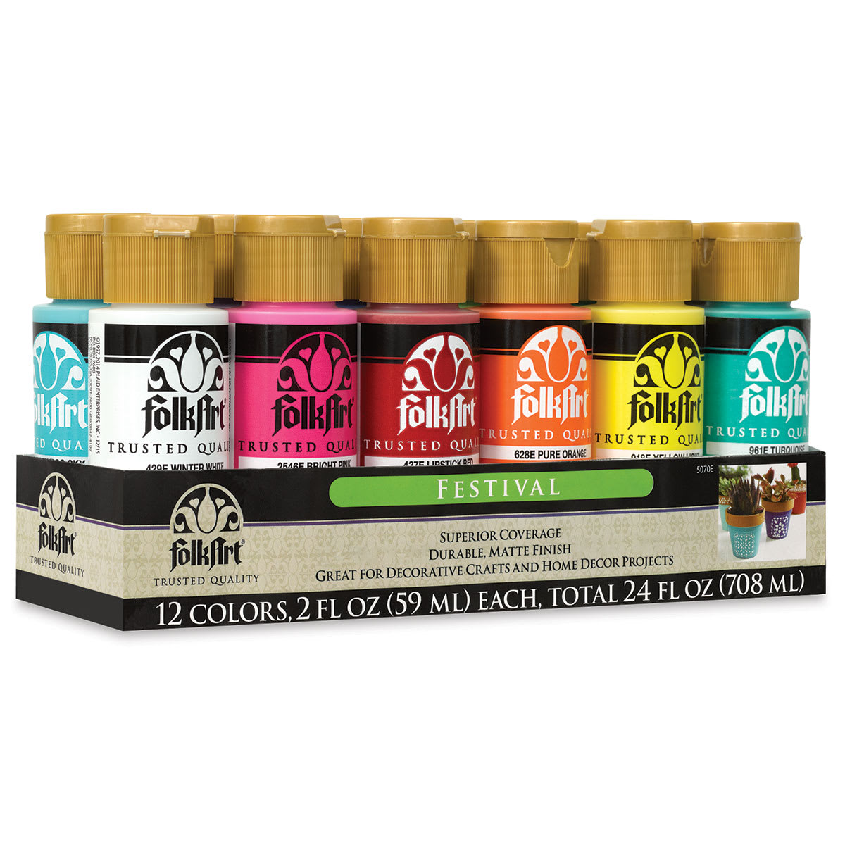 FolkArt Matte Acrylic Paint - Set of 12, Festival Colors, 2 oz, Bottles (Angled view)