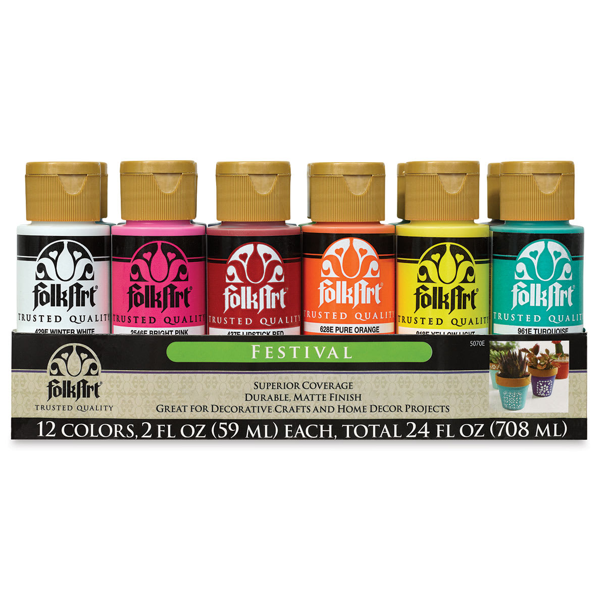 FolkArt Matte Acrylic Paint - Set of 12, Festival Colors, 2 oz, Bottles (Back of packaging)