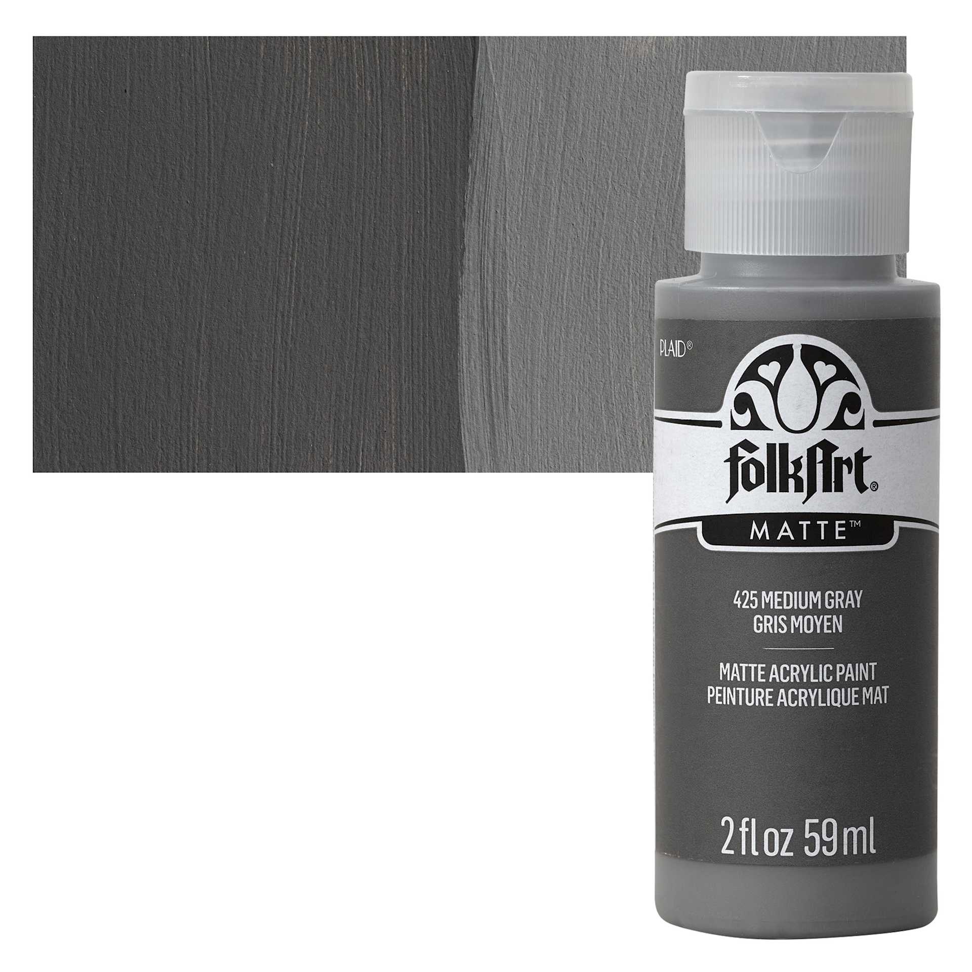 FolkArt Matte Acrylic Paint - Medium Gray, 2 oz, Bottle and swatch