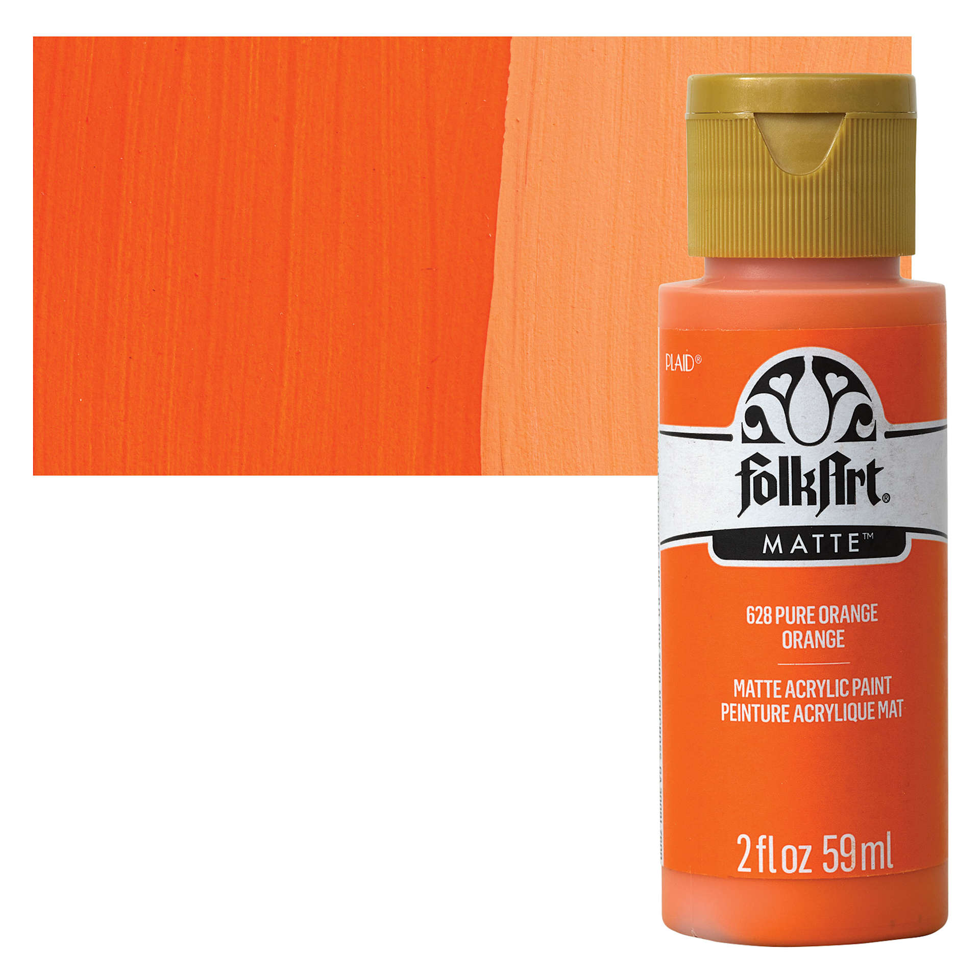 FolkArt Matte Acrylic Paint - Pure Orange, 2 oz, Bottle and swatch