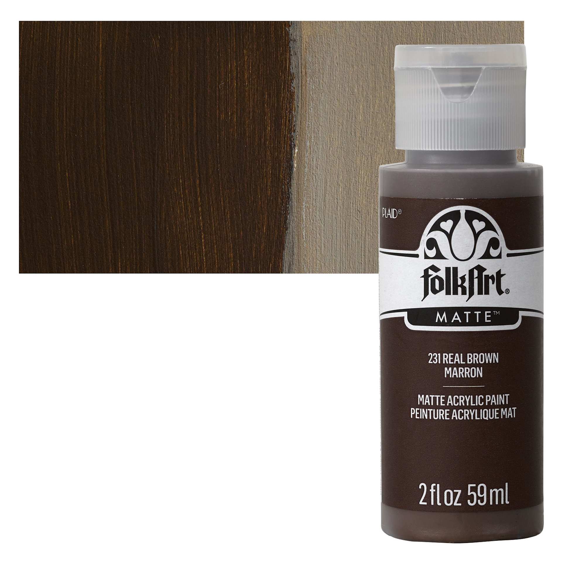 FolkArt Matte Acrylic Paint - Real Brown, 2 oz, Bottle and swatch
