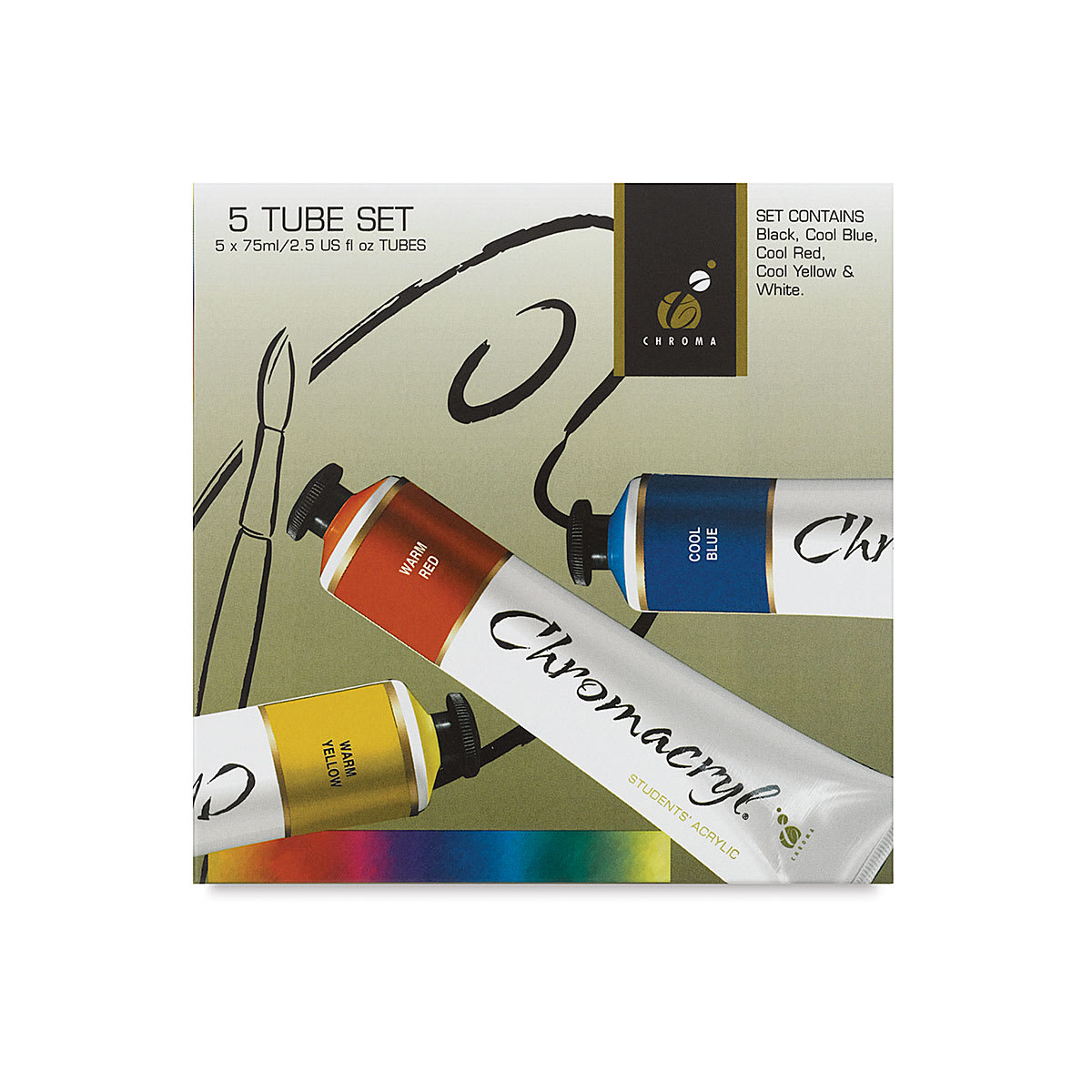 Chromacryl Students' Acrylics - Set of 5 Colors, 2.5 oz, Tubes (Front of packaging)