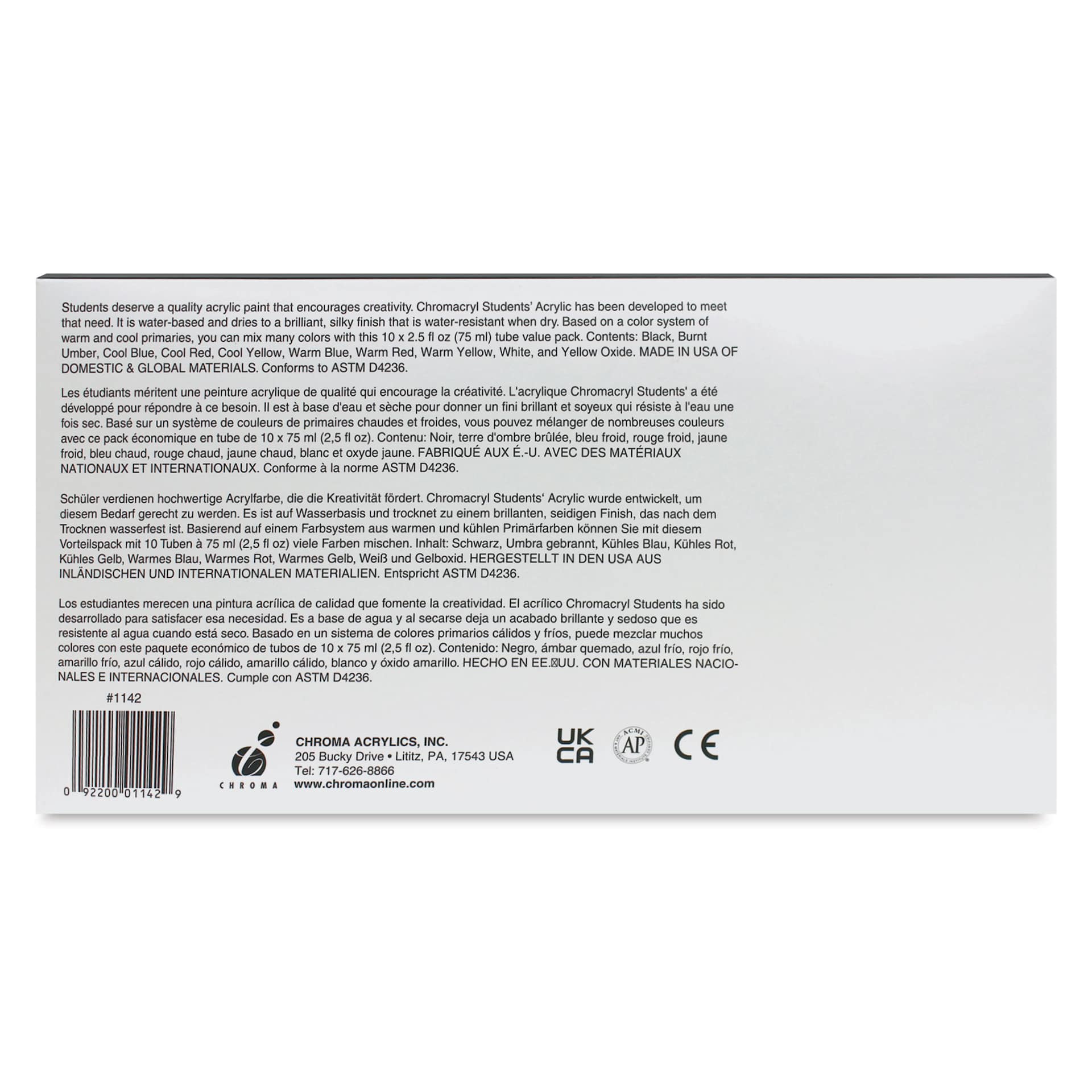 Back of packaging for Chromacryl Students' Acrylic Paints - Set of 10, Assorted Colors, 2.5 oz tubes