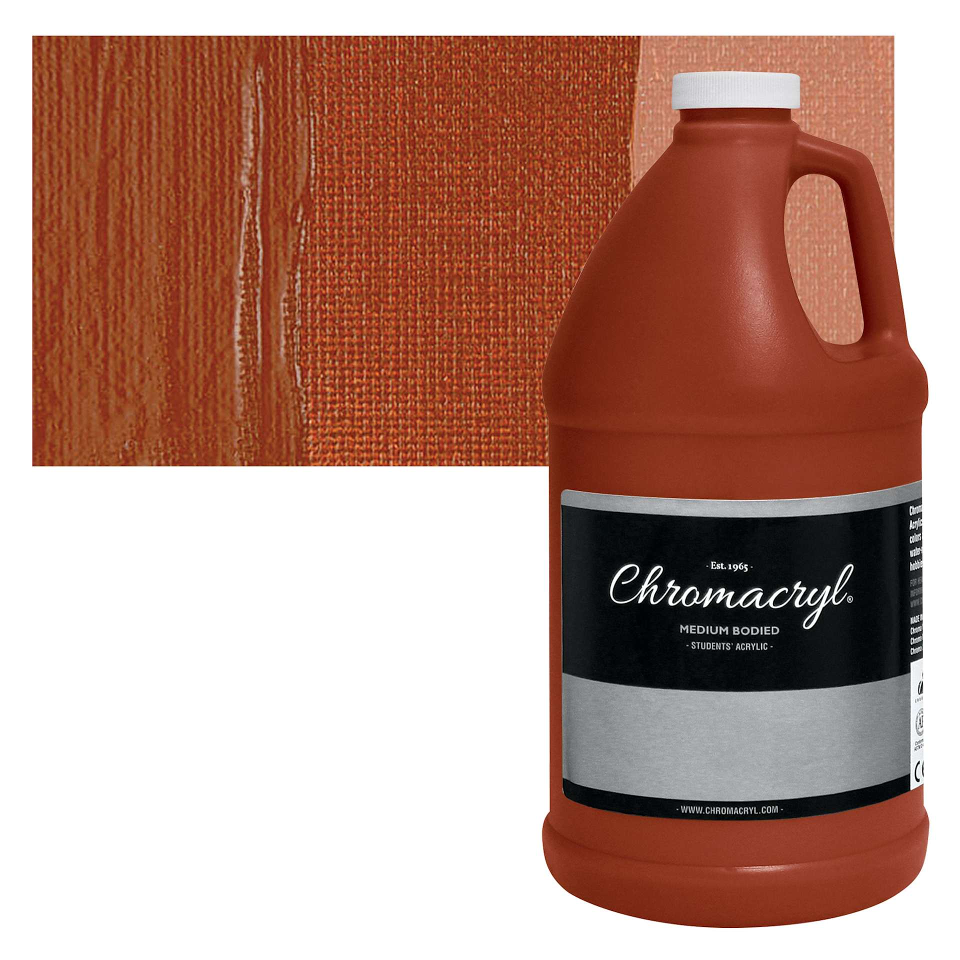 Chromacryl Students' Acrylic - Burnt Sienna, 64 oz bottle and swatch