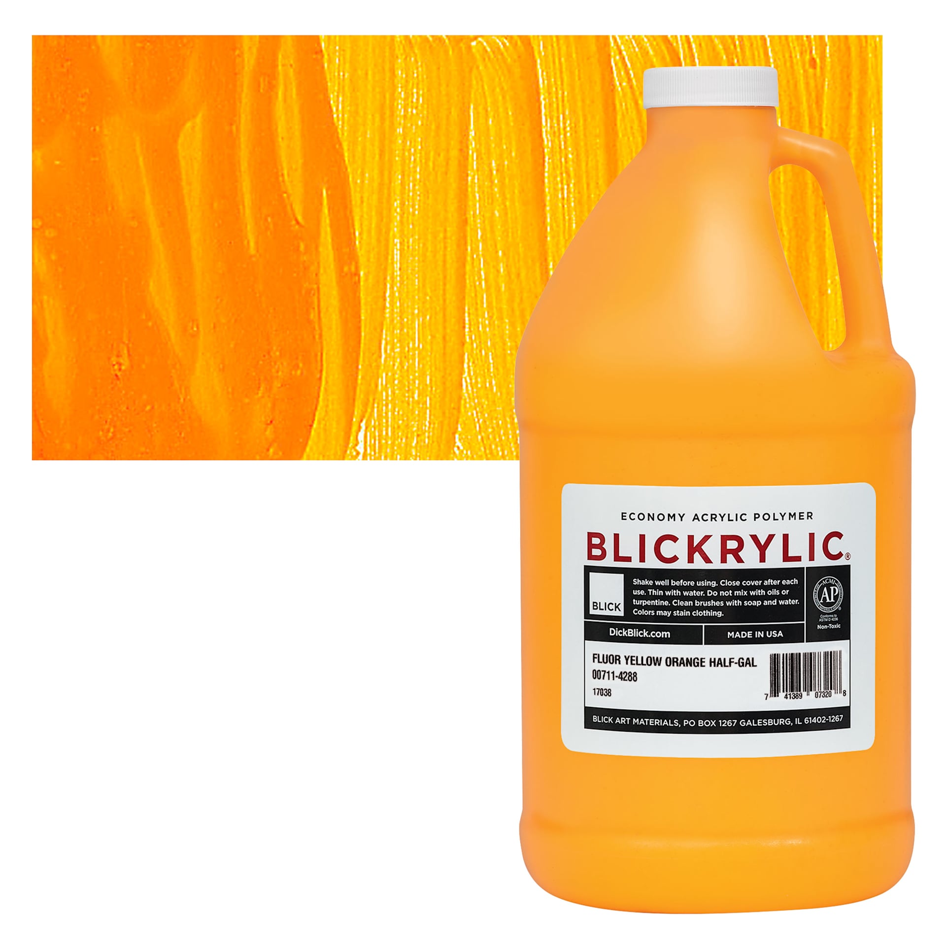 Blickrylic Student Acrylic - Fluorescent Yellow Orange, Half Gallon and swatch