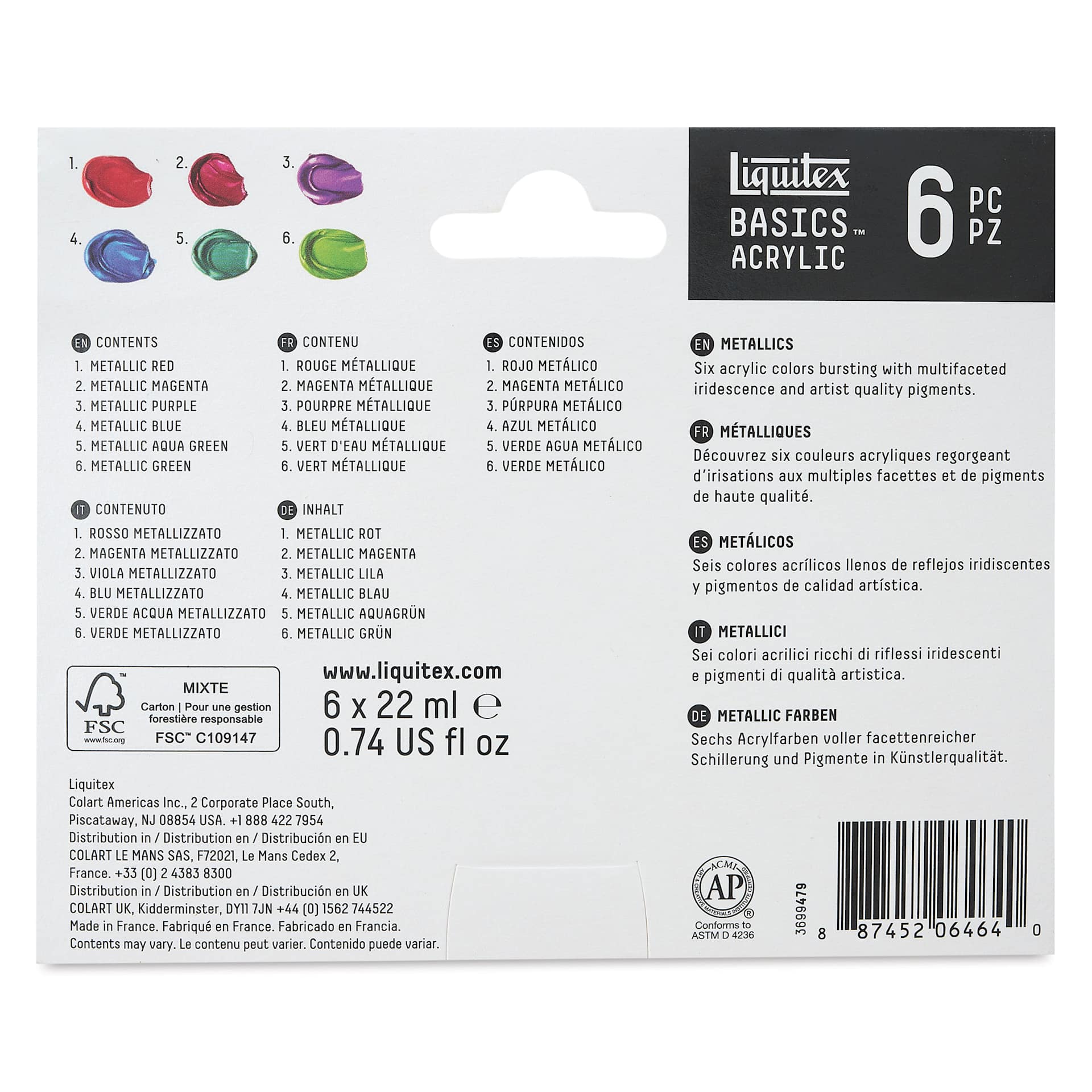 Liquitex Basics - Set of 6, Metallic Assorted, 22 ml back of package