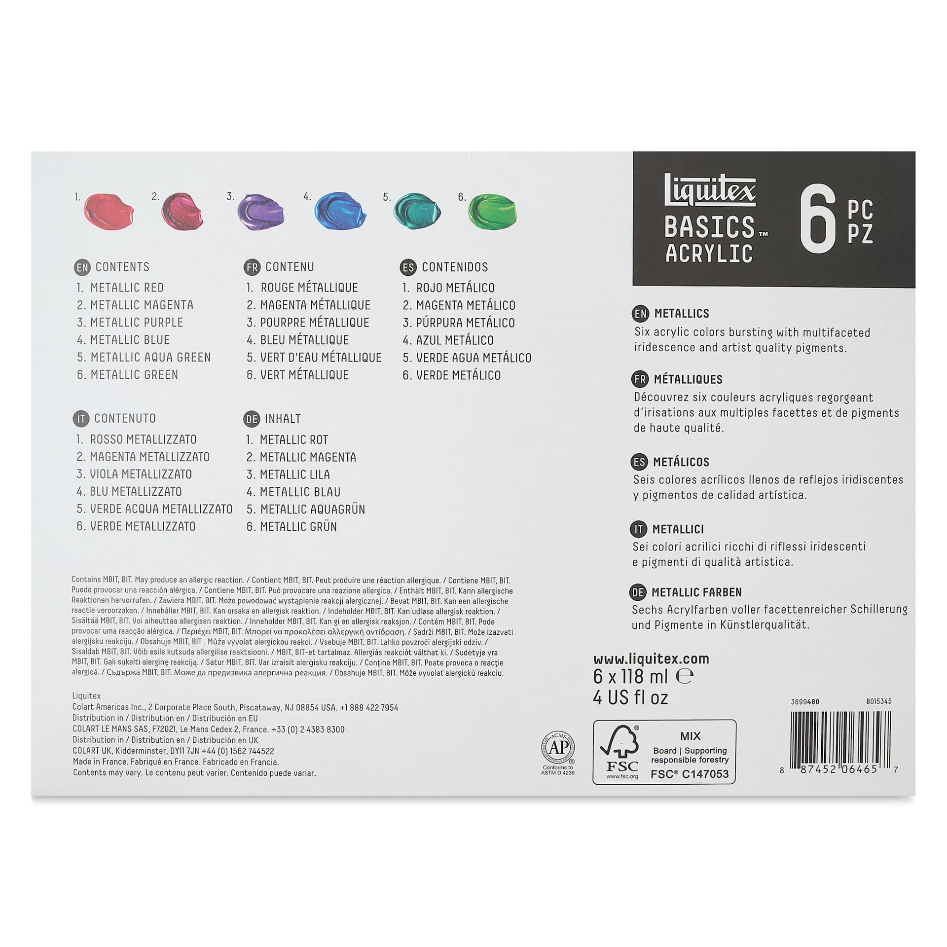 Liquitex Basics - Set of 6, Metallic Assorted, 118 ml back of package