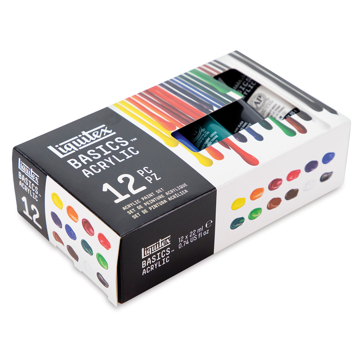 Liquitex Basics Acrylic Paints - Set of 12, Assorted Colors, 22 ml Tubes, side of packaging