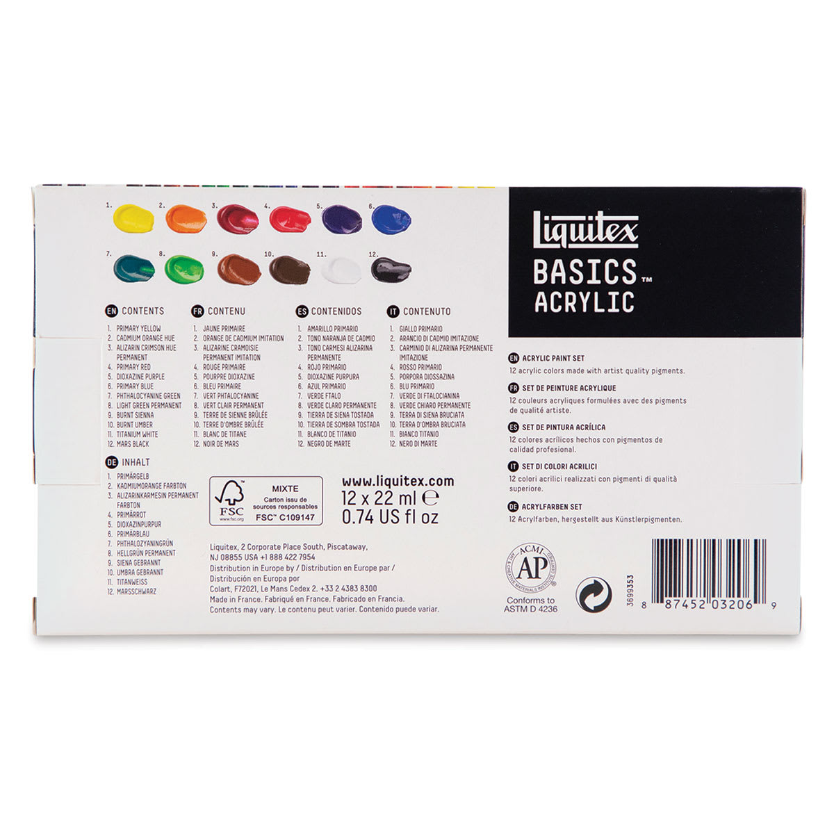 Liquitex Basics Acrylic Paints - Set of 12, Assorted Colors, 22 ml Tubes, back of package
