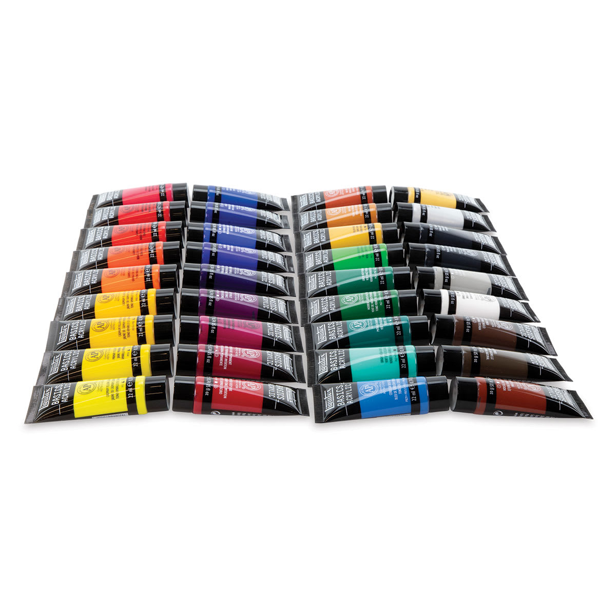 Liquitex Basics Acrylic Paint, Set of 36, 0.74 oz, four rows of tubes out of box.