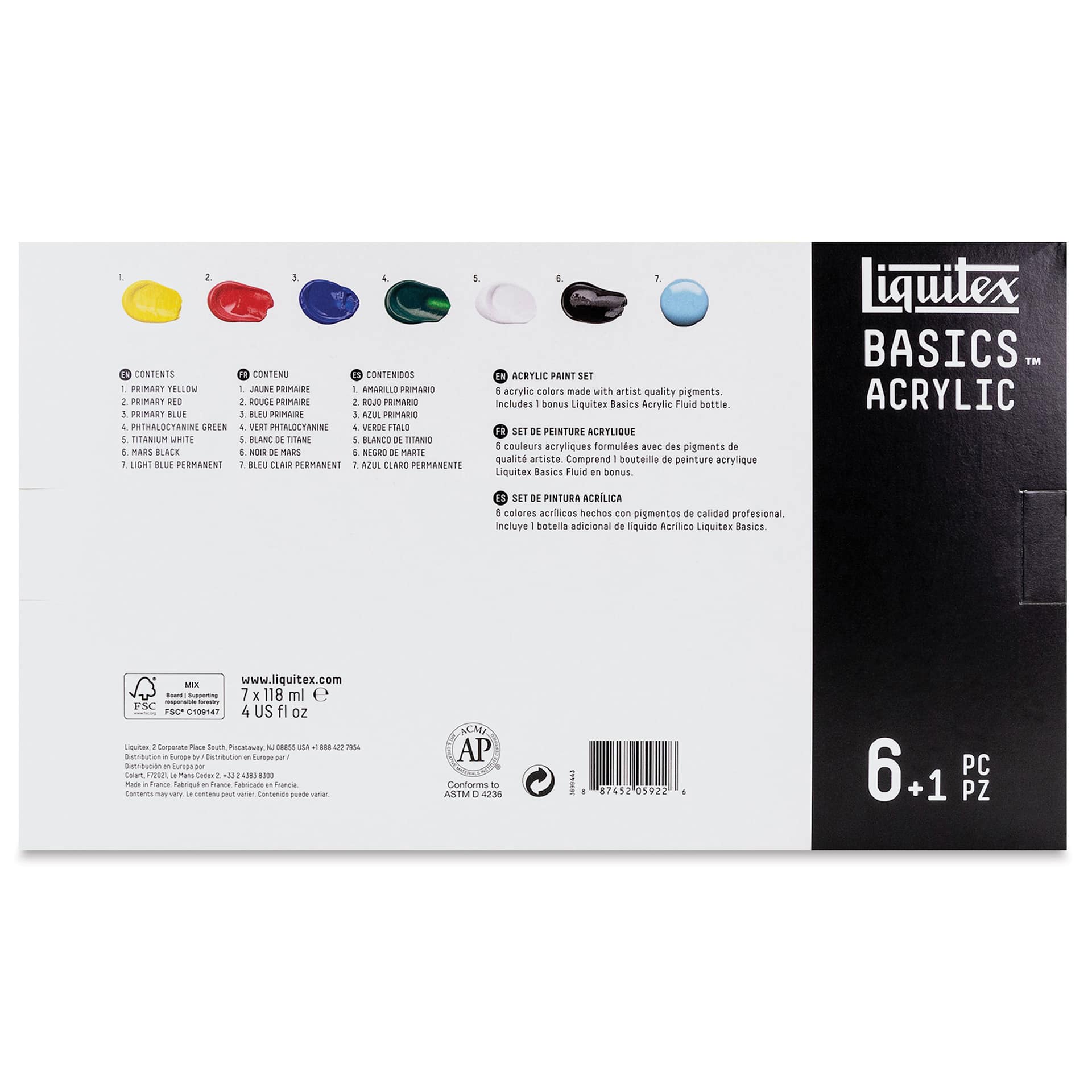 Liquitex Basics - Primary Colors Plus, Set of 7, 118 ml back of package
