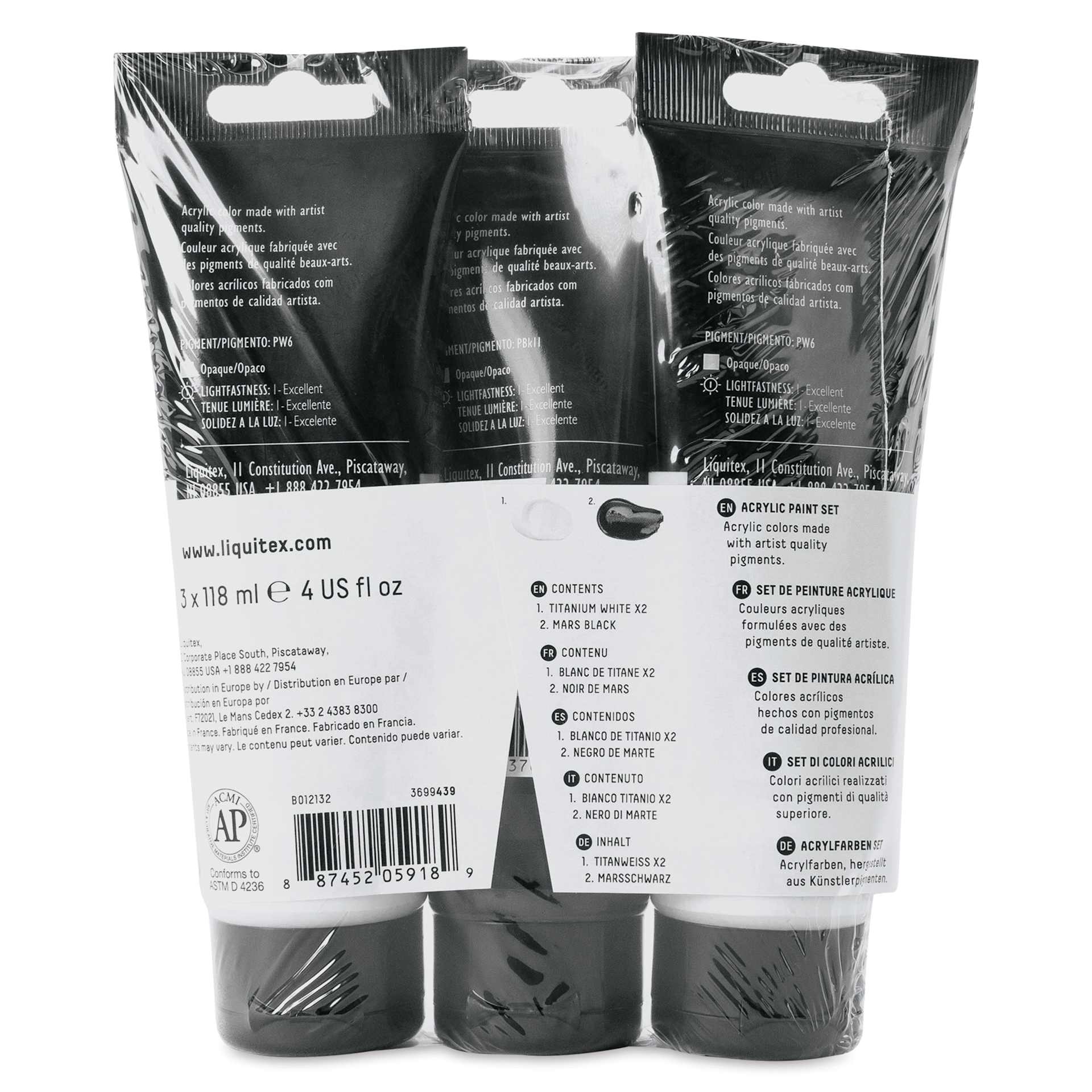 Liquitex Basics Acrylic Paints - Set of 3, White and Black, 118 ml back of tubes