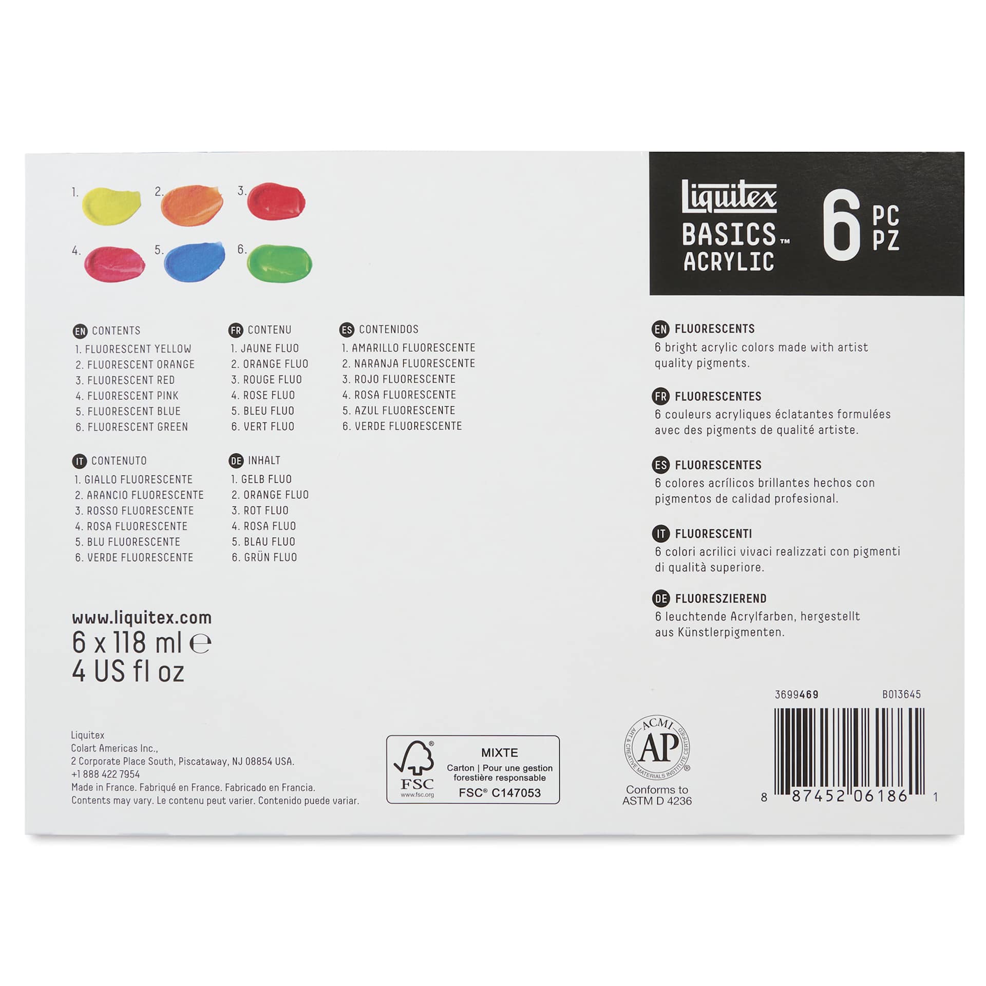 Liquitex Basics Acrylics - Set of 6 Fluorescent, 4 oz Tubes back of package