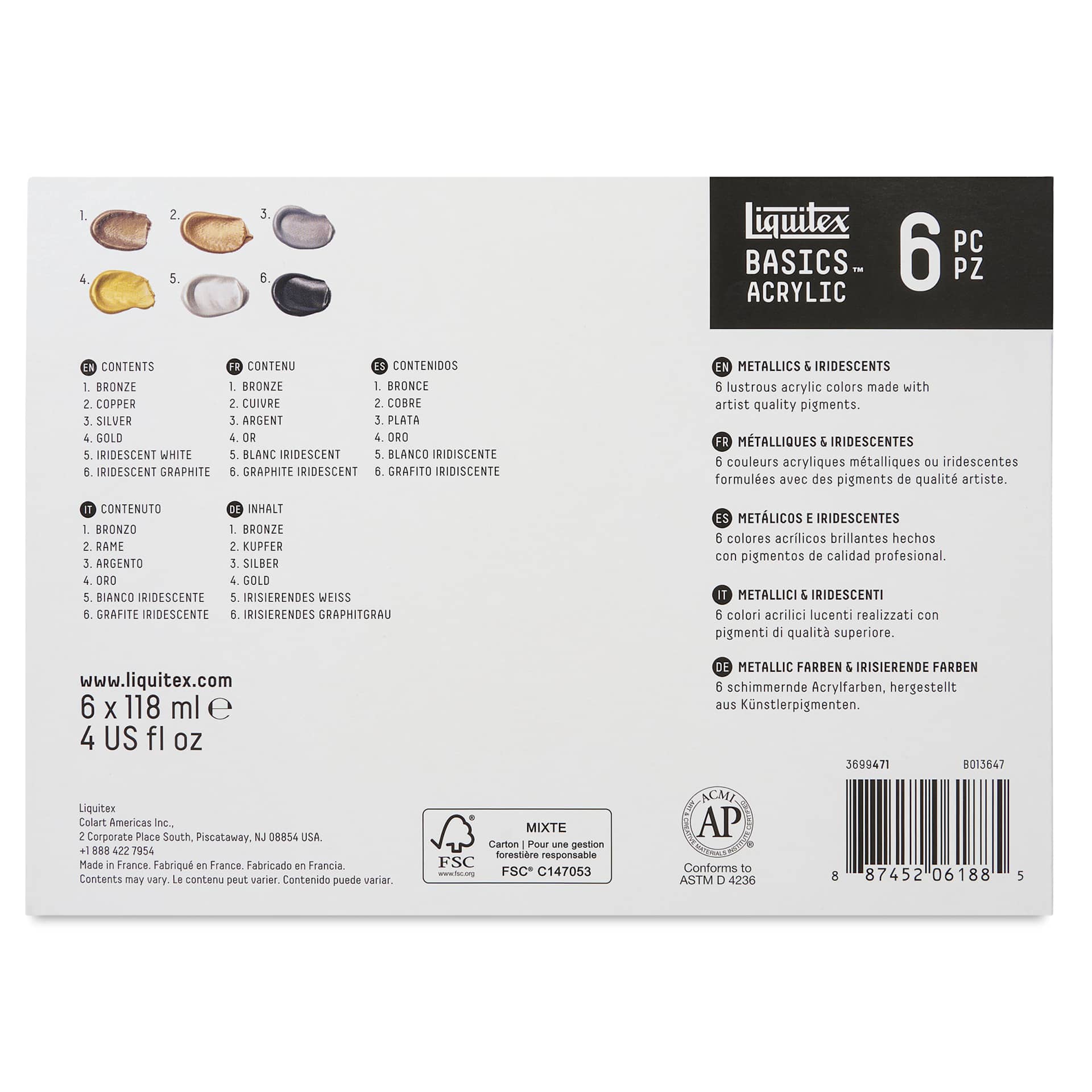 Liquitex Basics Acrylics - Set of 6 Metallic and Iridescent, 4 oz Tubes back of package