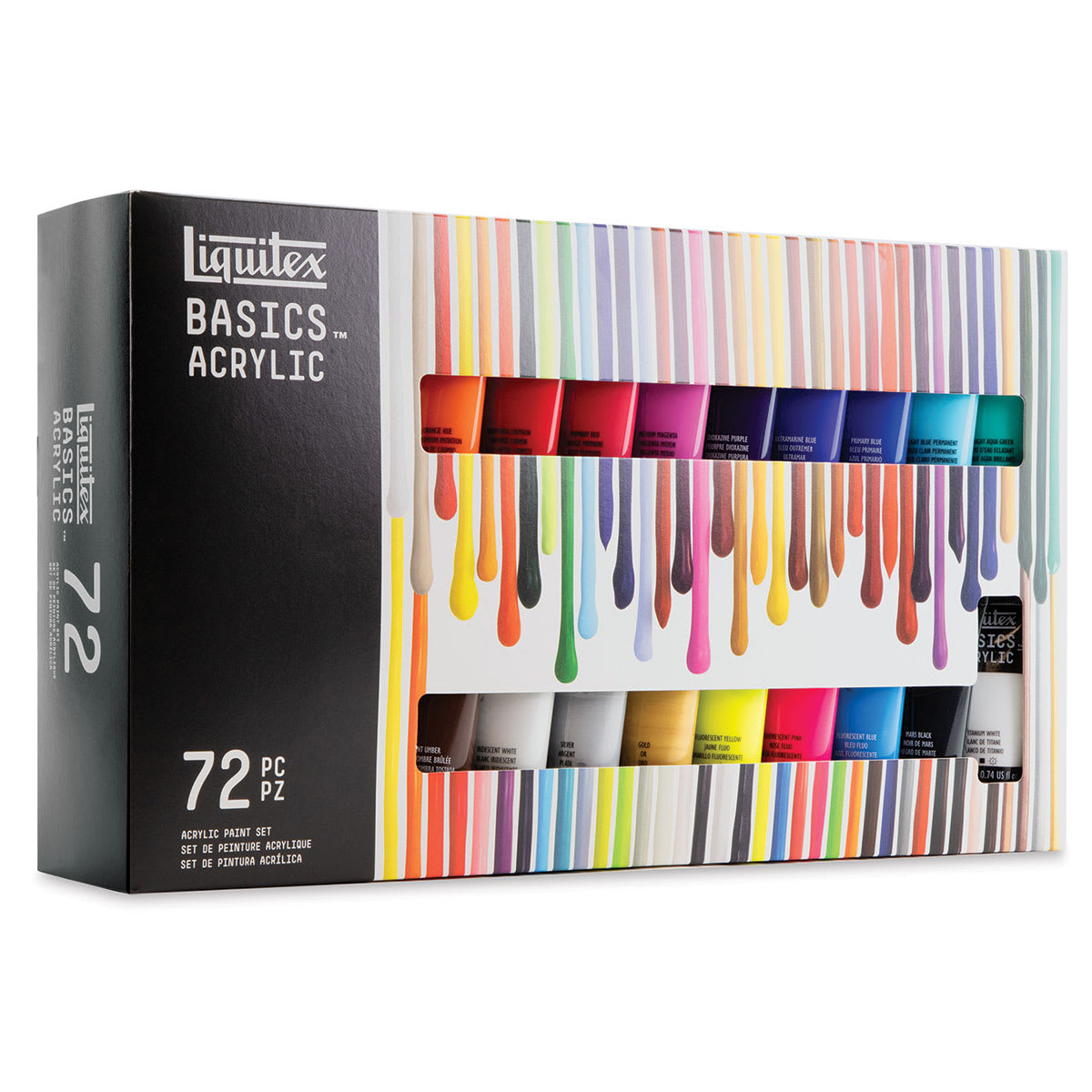 Liquitex Basics Acrylic Set - Set of 72, Assorted Colors, 0.74 oz, Tubes (Front of packaging)