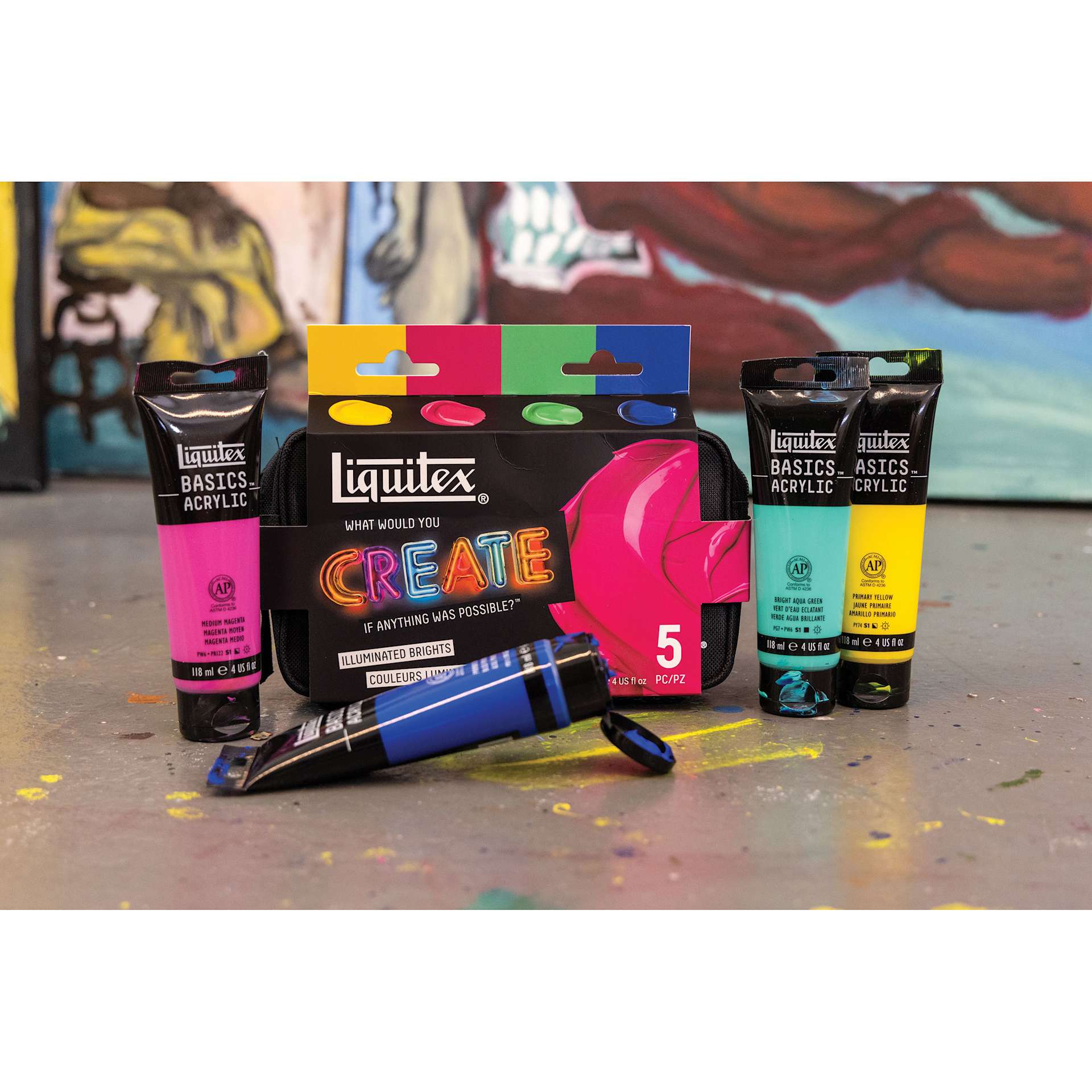 Liquitex What Would You Create Basics Acrylic Set - Illuminated Brights, Set of 5 tubes out of package on table