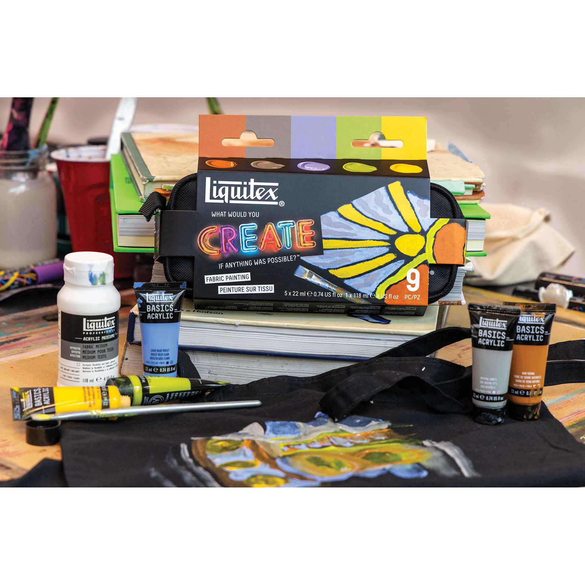 Liquitex What Would You Create Basics Acrylic Set - Fabric Painting on table with fabric