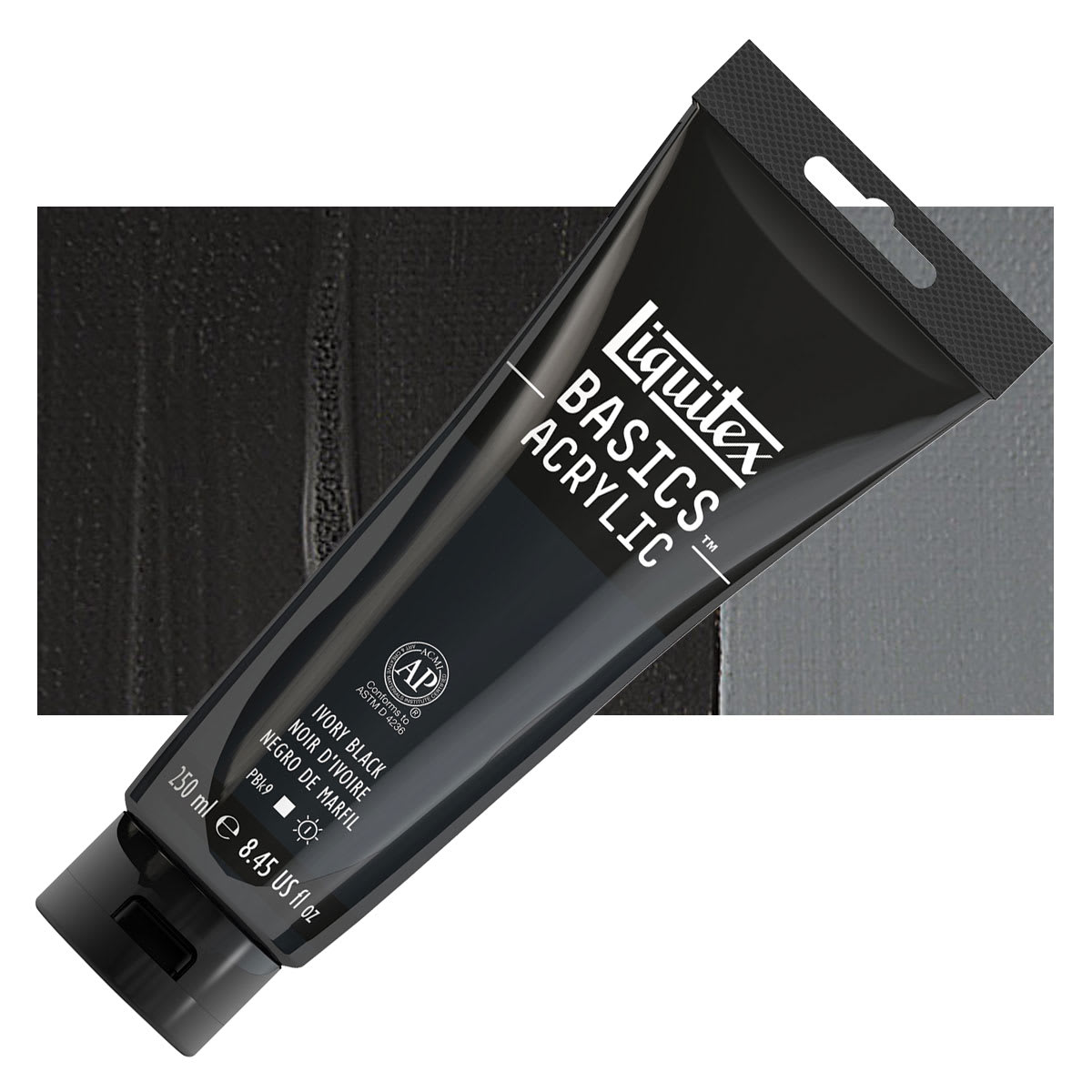 Liquitex Basics Acrylic Paint - Ivory Black, 8.5 oz tube and swatch