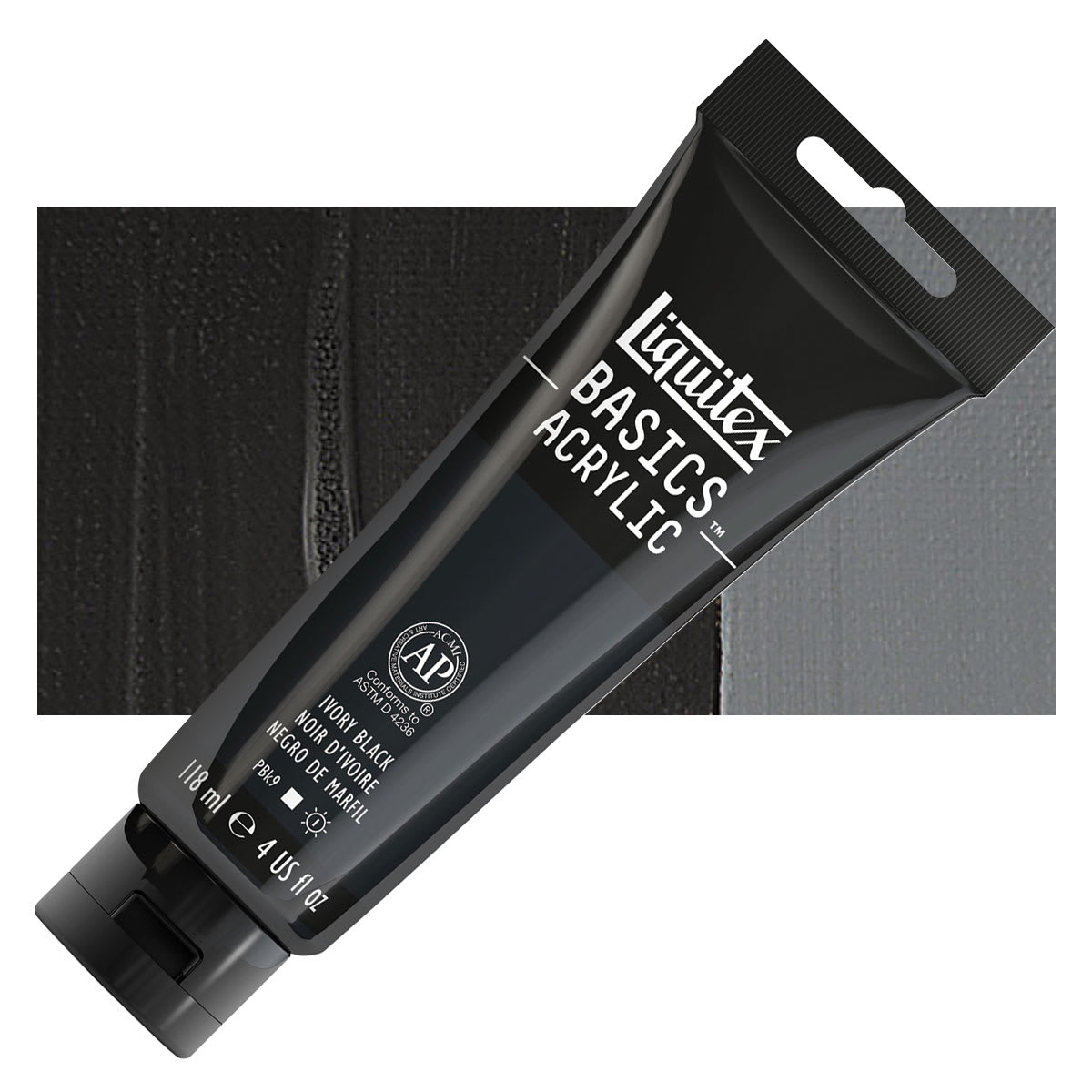 Liquitex Basics Acrylic Paint - Ivory Black, 4 oz tube and swatch