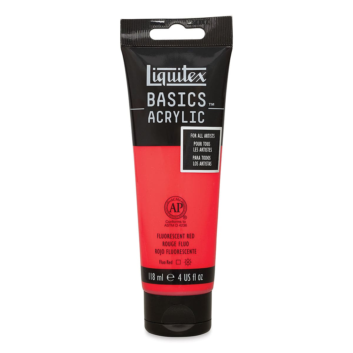 Liquitex Basics Acrylic Paint, 4 oz tube. Flourescent Red standing tube.
