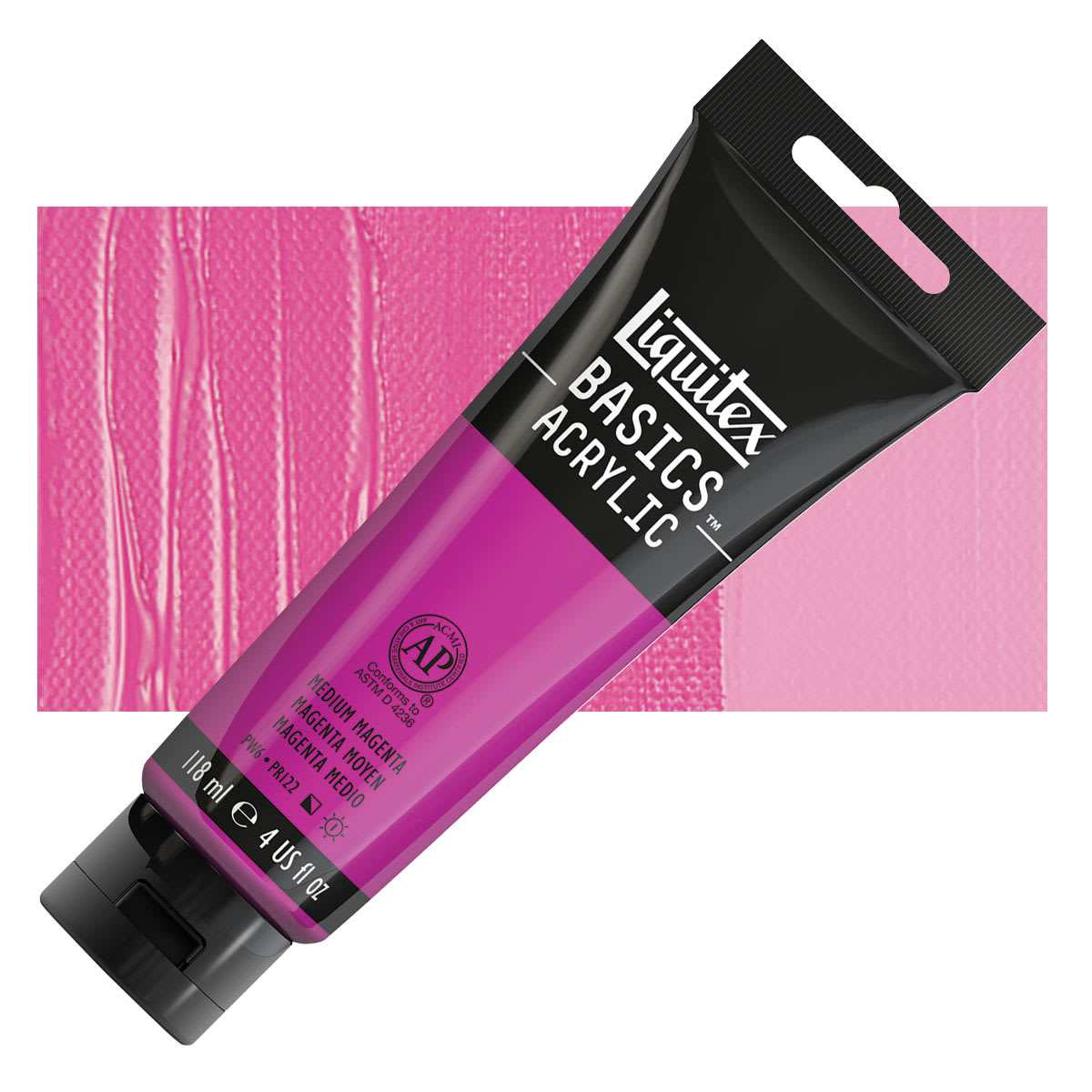Liquitex Basics Acrylic Paint - Medium Magenta, 4 oz tube and swatch