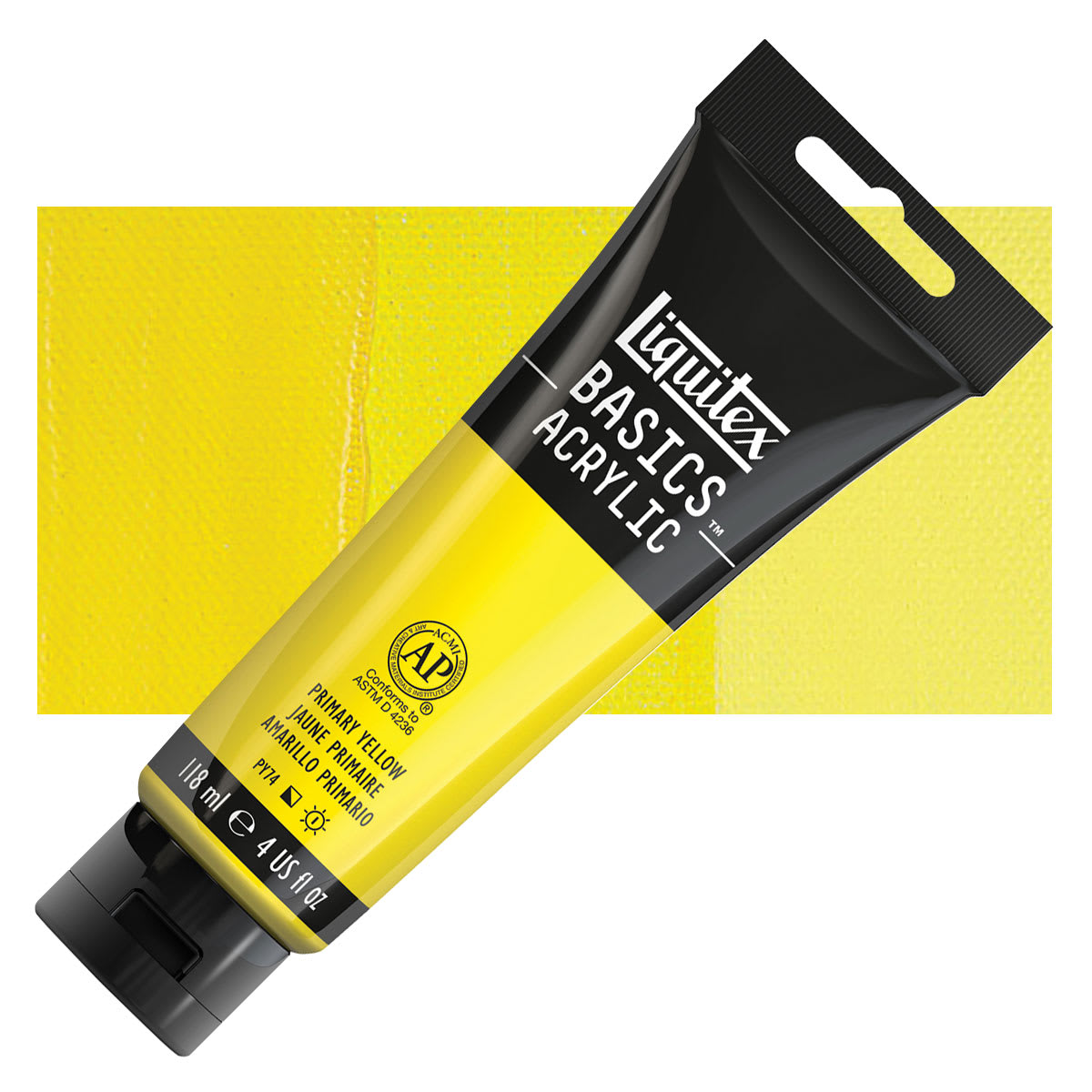 Liquitex Basics Acrylic Paint - Primary Yellow, 4 oz tube and swatch