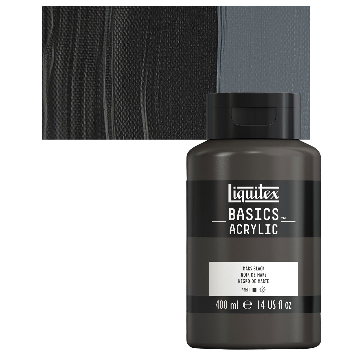 Liquitex Basics Acrylic Paint - Mars Black, 13.5 oz squeeze bottle and swatch