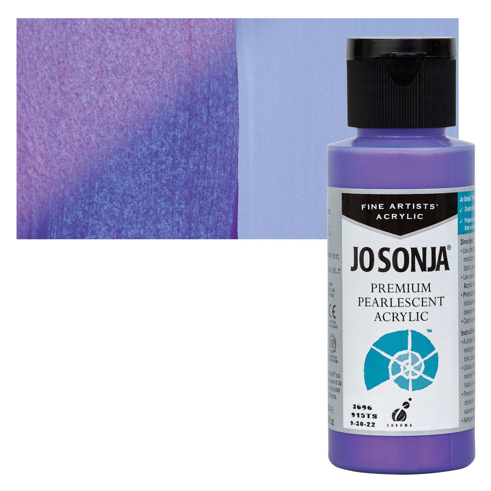Chroma’s Jo Sonja Premium Pearlescent - Pearlescent Violet, 2 oz bottle and swatch