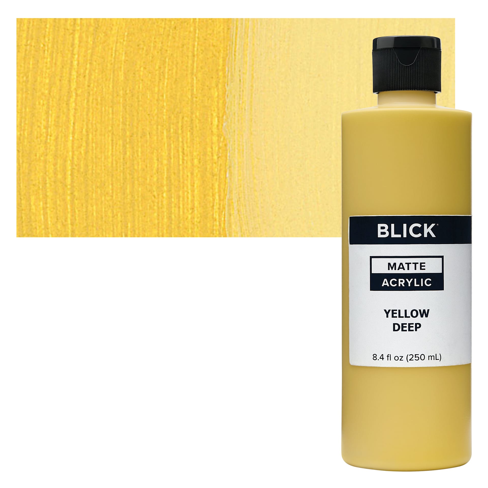 Blick Matte Acrylic - Yellow Deep, 8 oz bottle and swatch