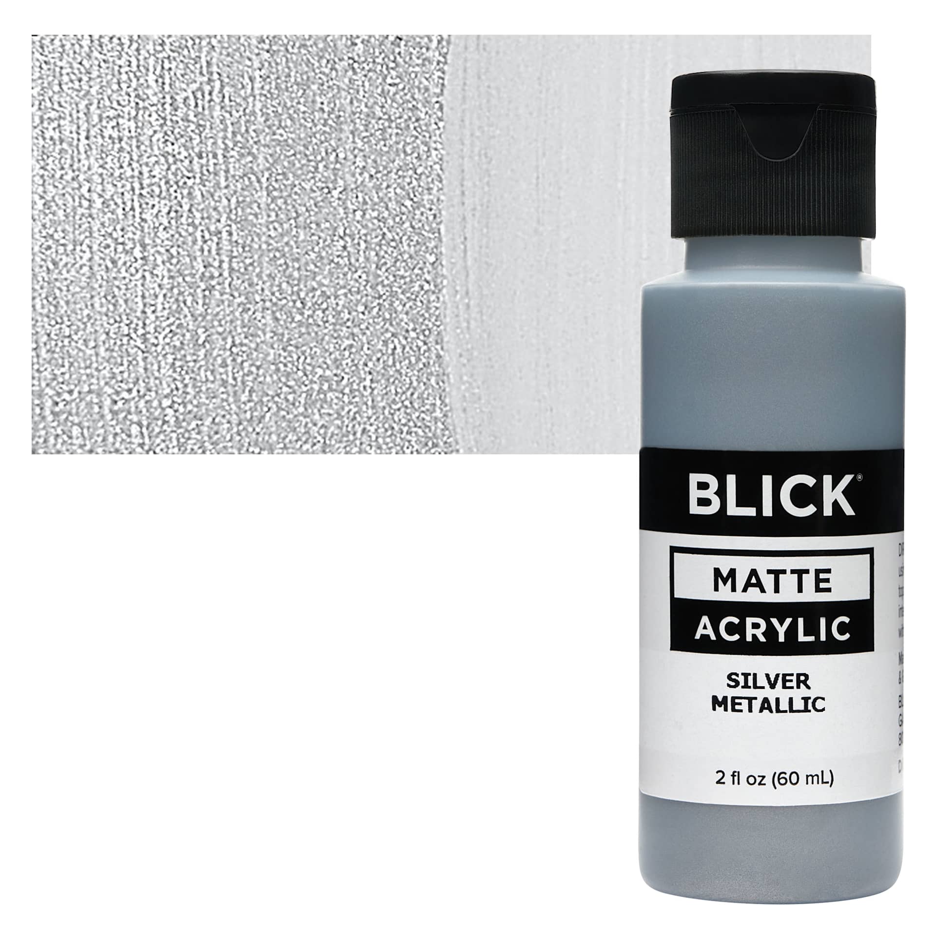 Blick Matte Acrylic - Silver Metallic, 2 oz bottle and swatch