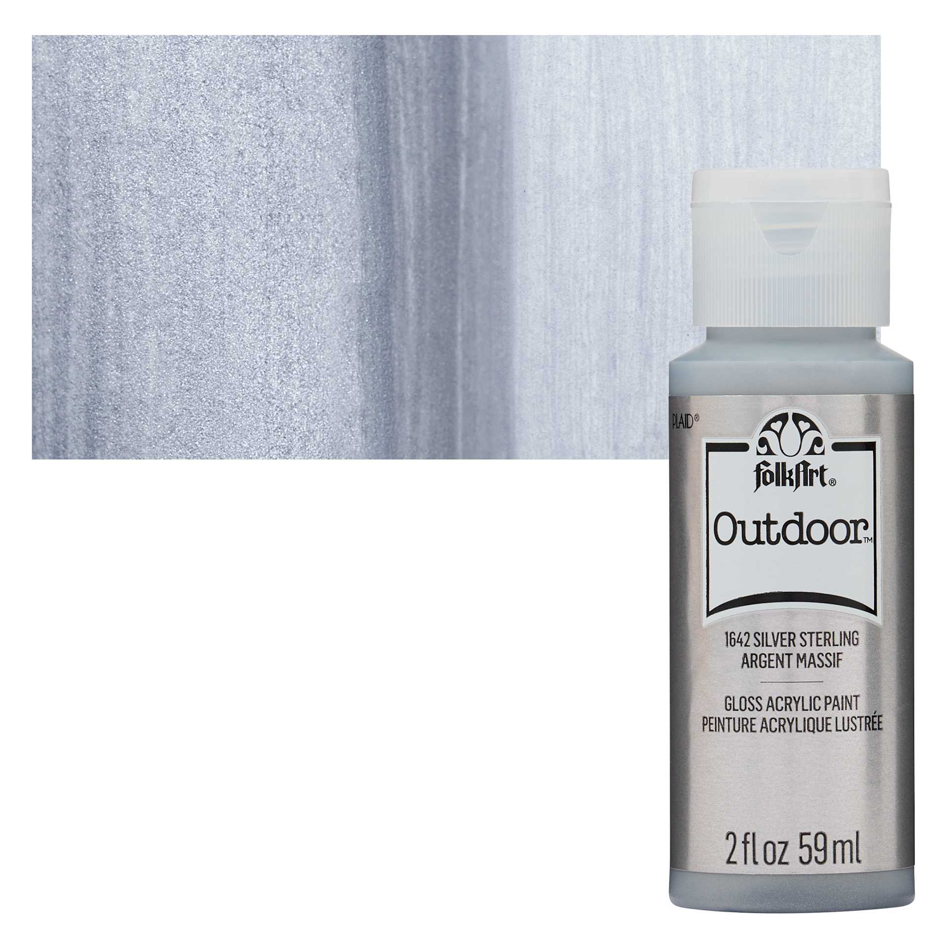 FolkArt Outdoor Acrylic Paint - Metallic Silver Sterling, 2 oz, Bottle and Swatch