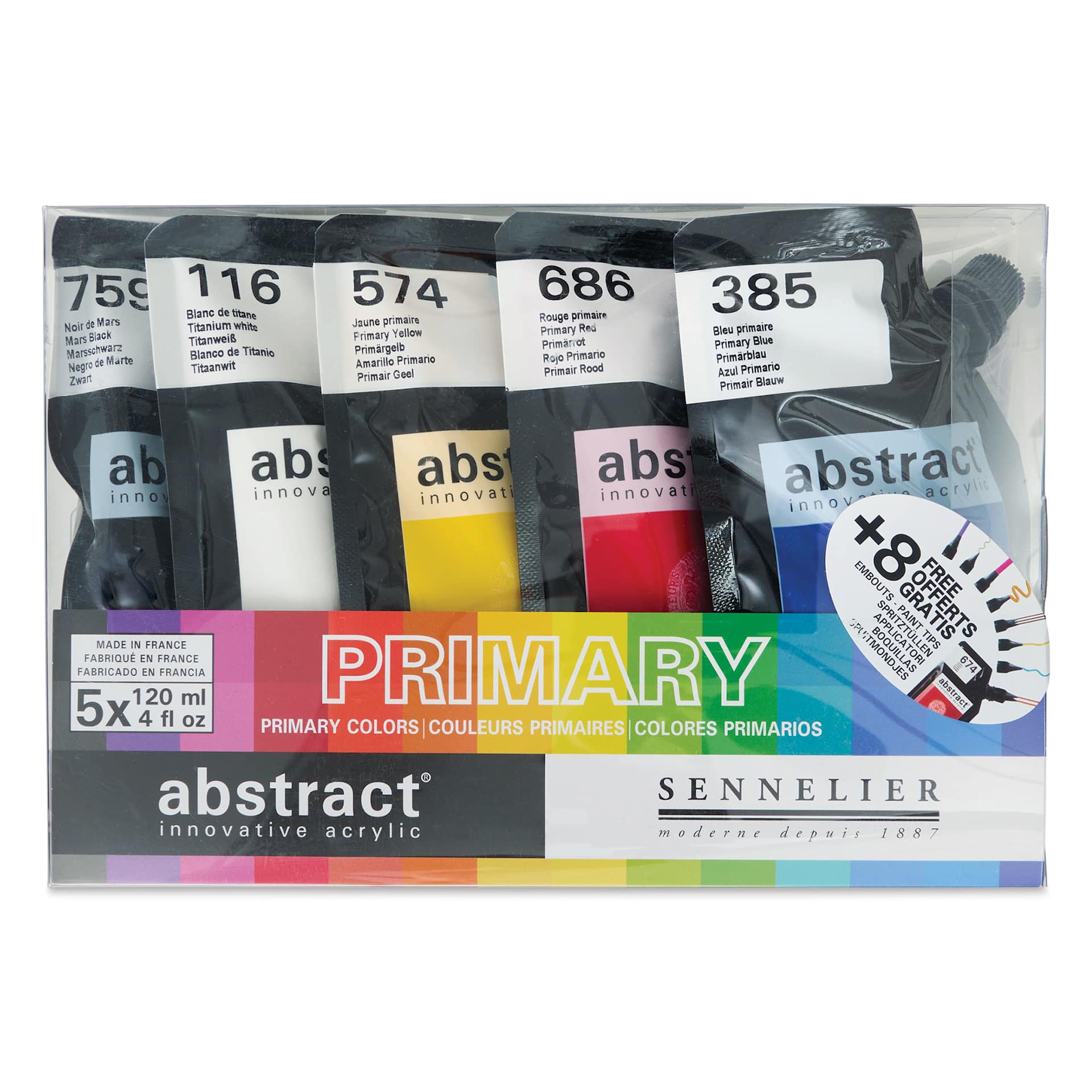 Sennelier Abstract Acrylic - Primary, Set of 5 with Tips (front of package)