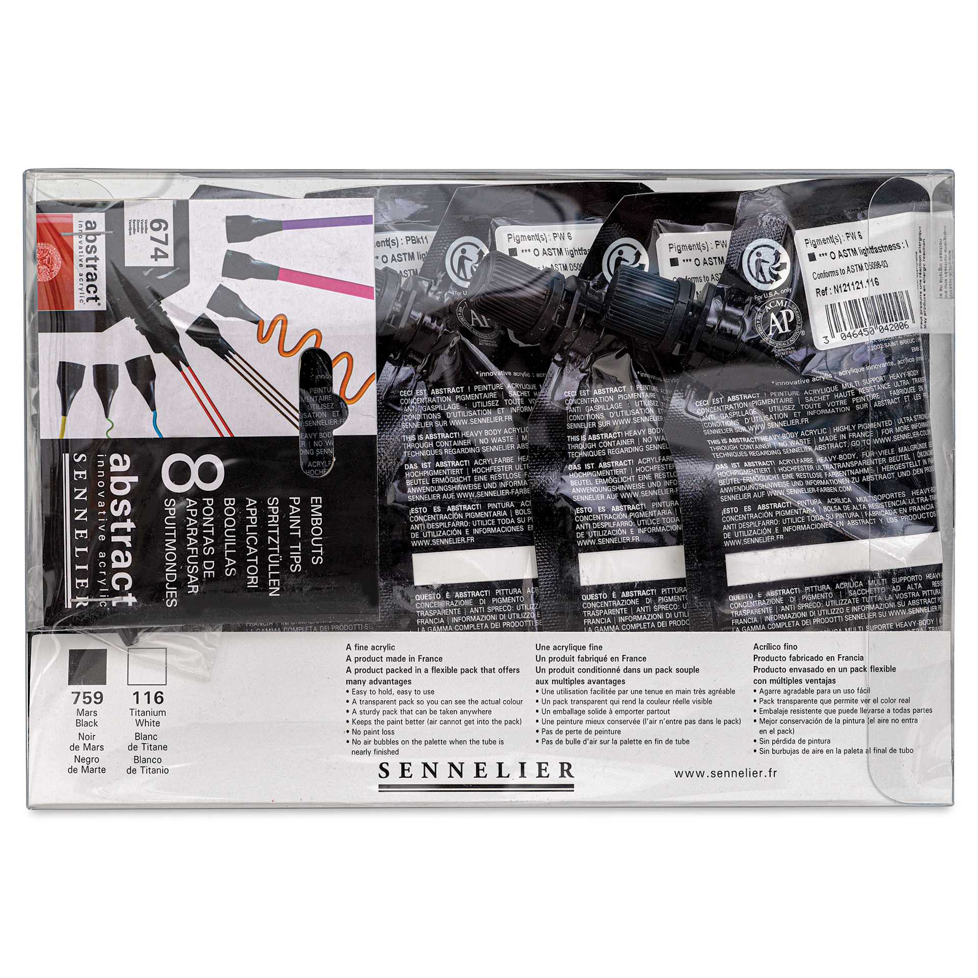 Sennelier Abstract Acrylic - Black and White, Set of 5 with Tips back of package