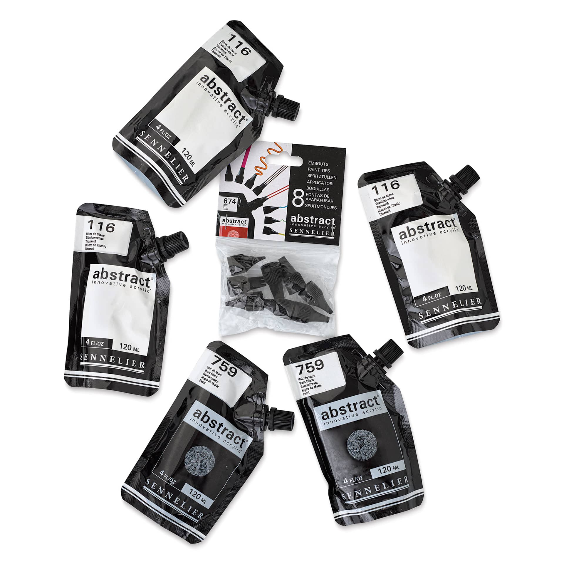 Sennelier Abstract Acrylic - Black and White, Set of 5 with Tips
