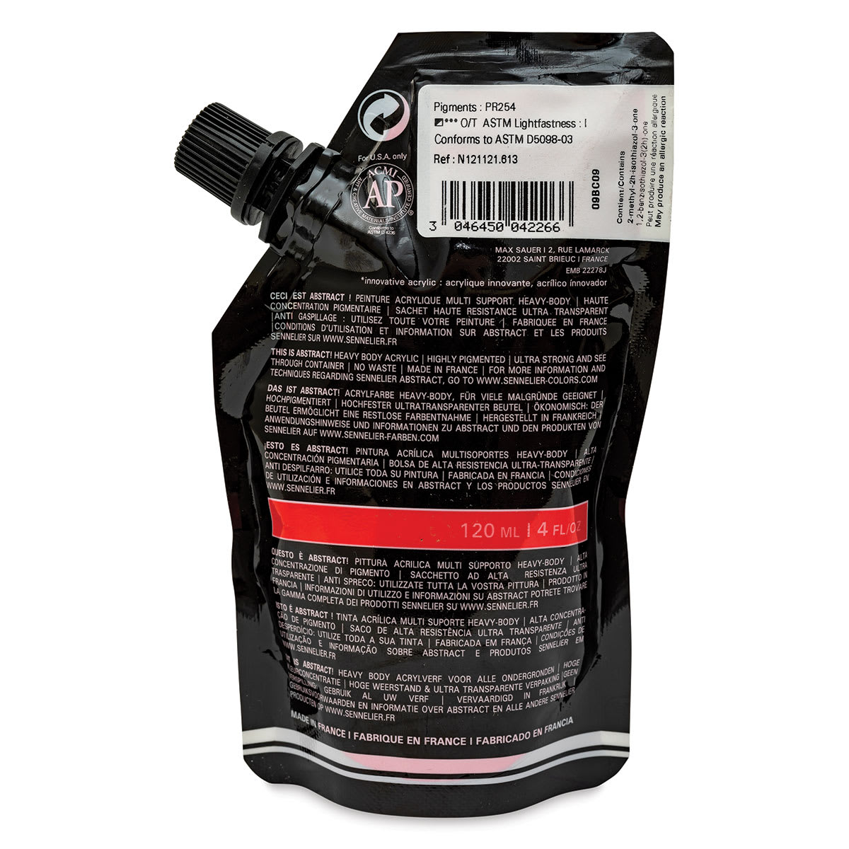 Sennelier Abstract Acrylic - Cadmium Red Light Hue, 120 ml pouch back