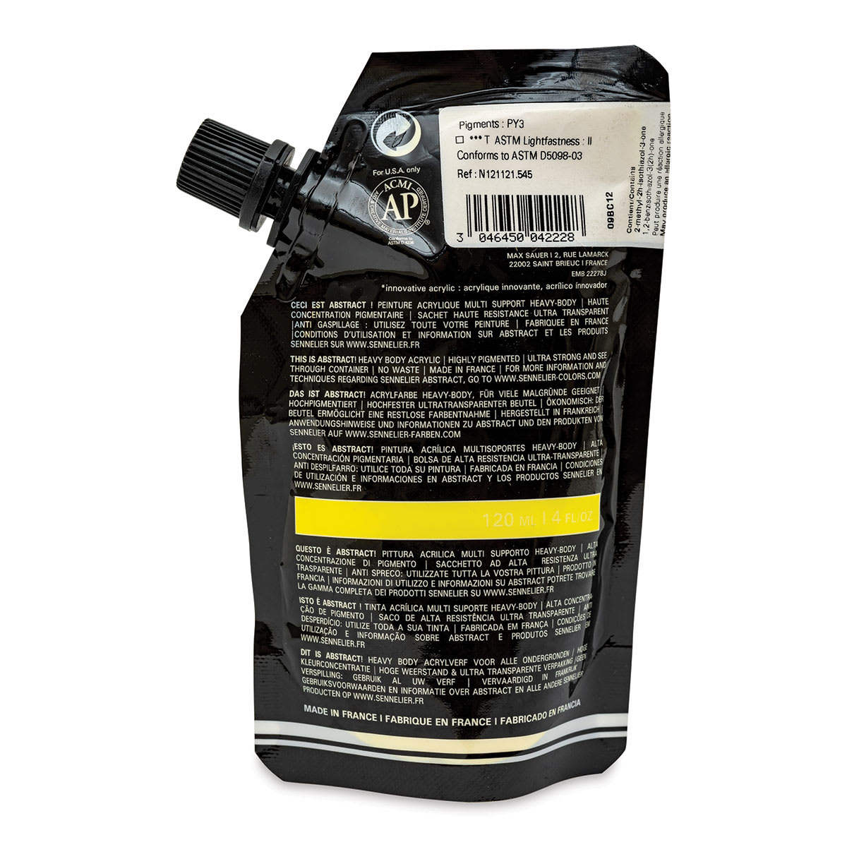 Sennelier Abstract Acrylic - Cadmium Yellow Lemon Hue, 120 ml pouch back